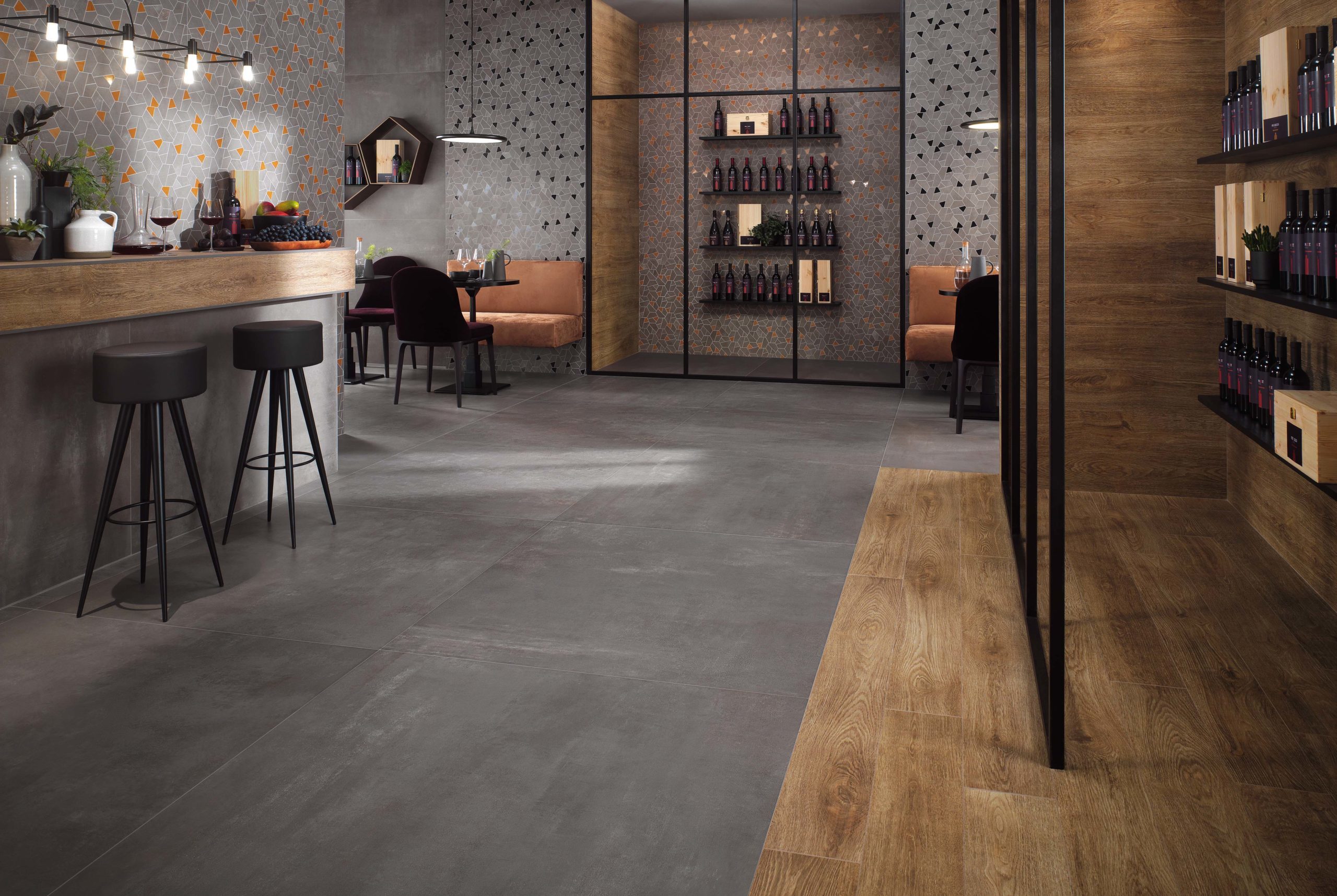 Boost porcelain tile in smoke installed on the floor in a restaurant.