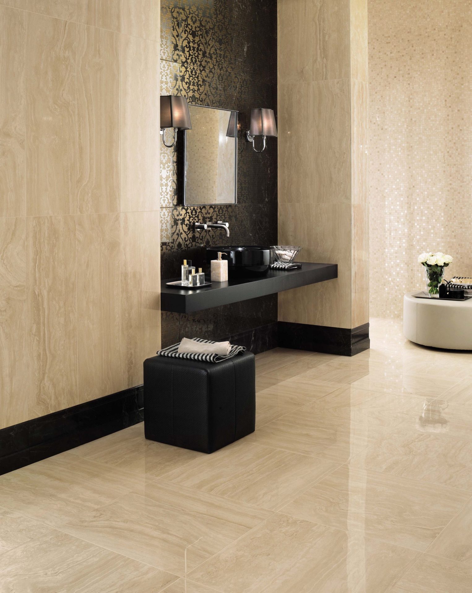 Marvel Pro Travertion Alabastrino tile installed on floors and walls in bathroom next to sink
