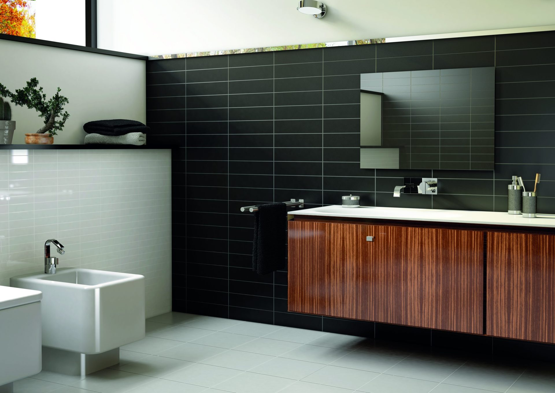 Metro Subway Blanco and Negro tiles instaled on separate walls in modern bathroom