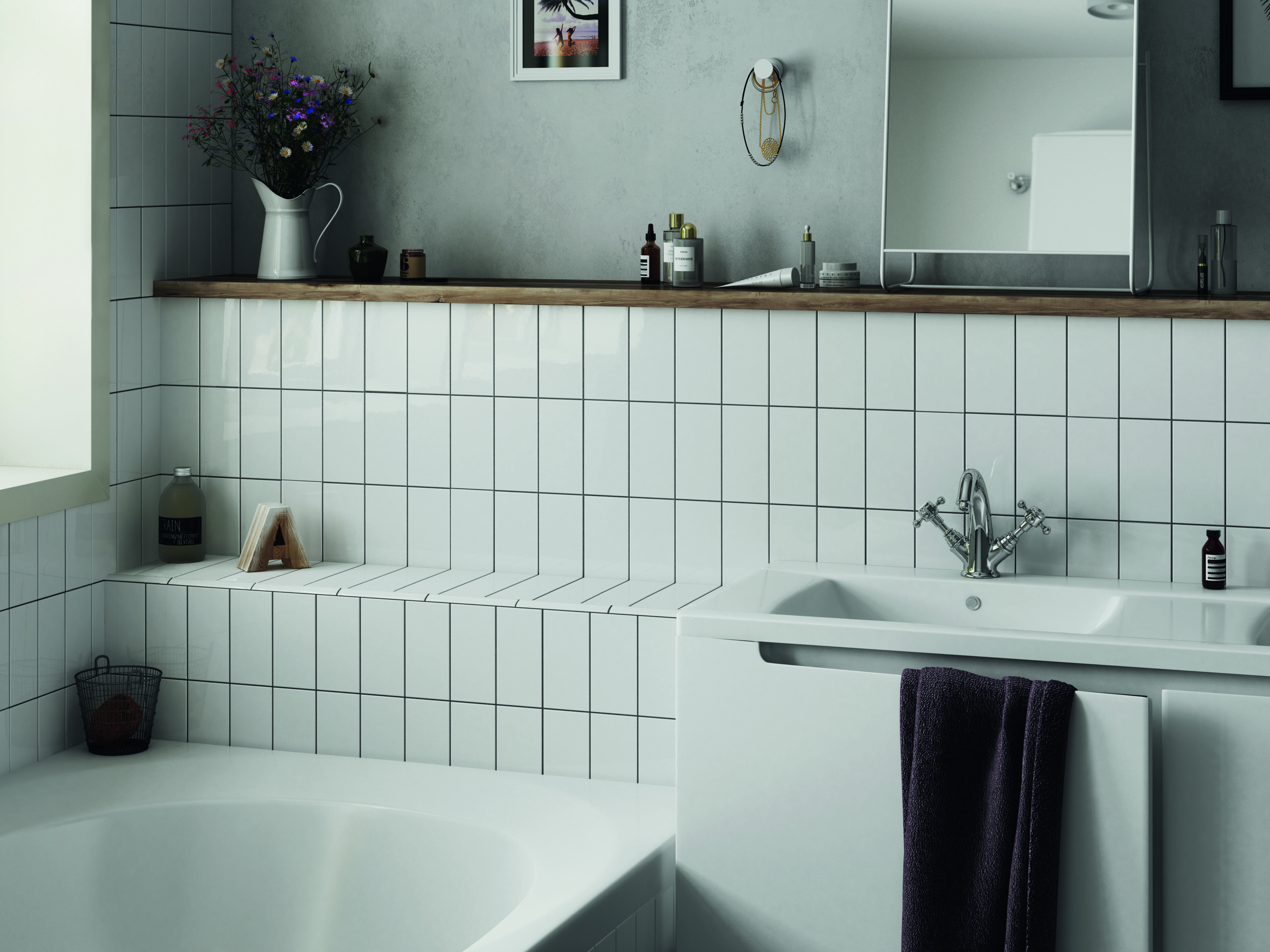 Metro Subway Blanco installed on wall with tub and behind sink in bathroom