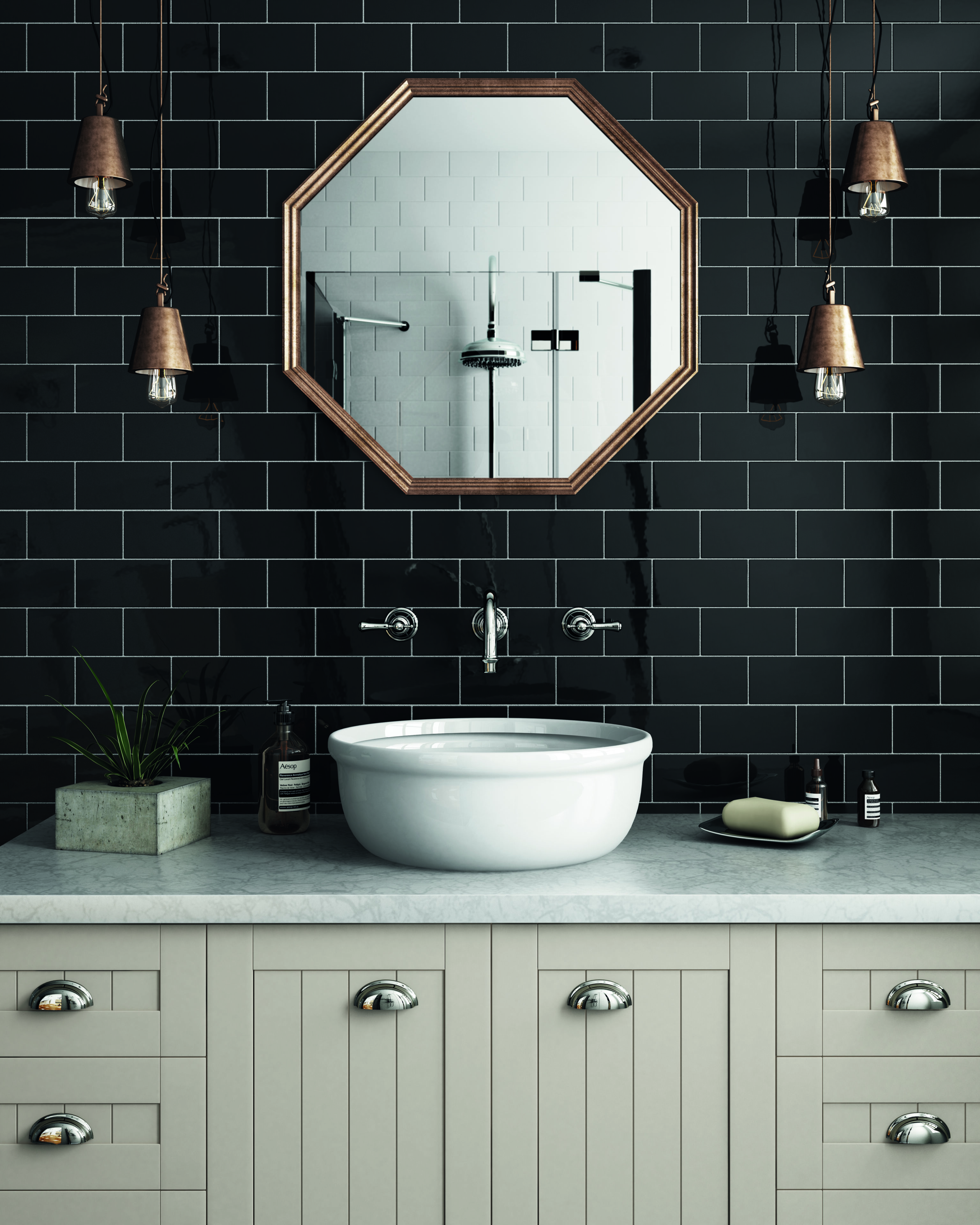 Metro Subway Negro installed on wall behind sink in bathroom