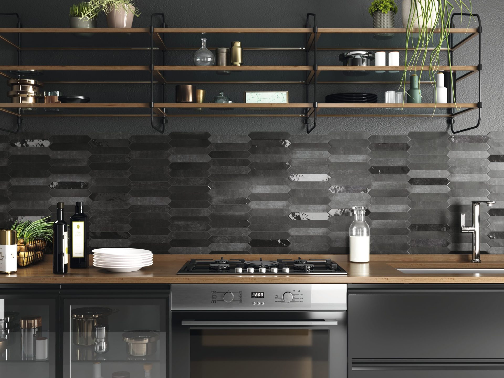 Switch ceramic tile in graphite on a kitchen backsplash.