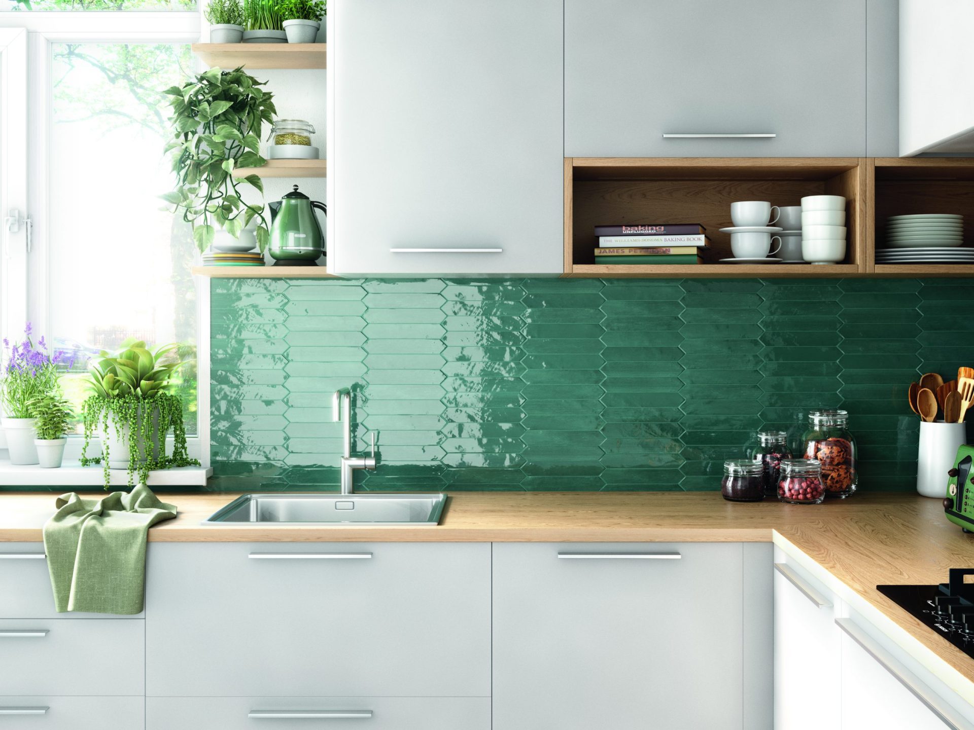 Switch ceramic tile in Victorian Green on a kitchen backsplash.