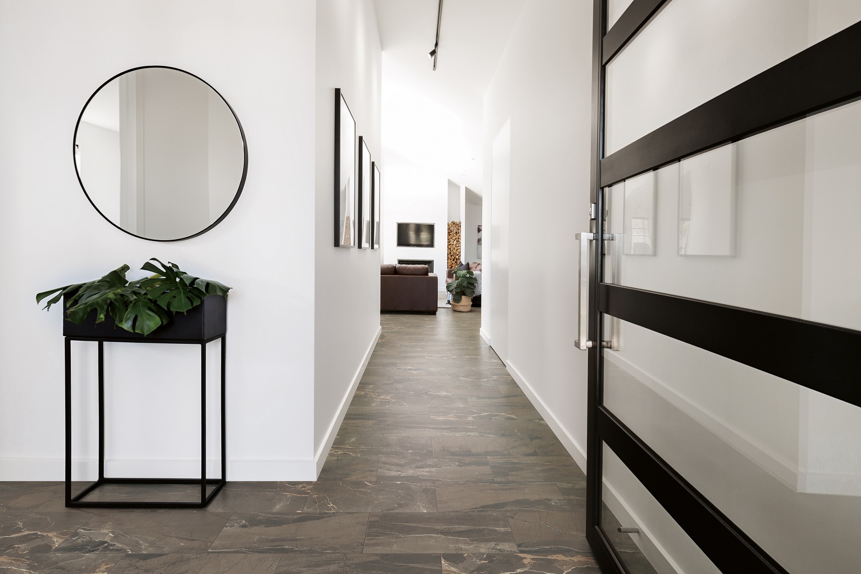 Brown Absolute porcelain tile on the floor in a modern entryway.