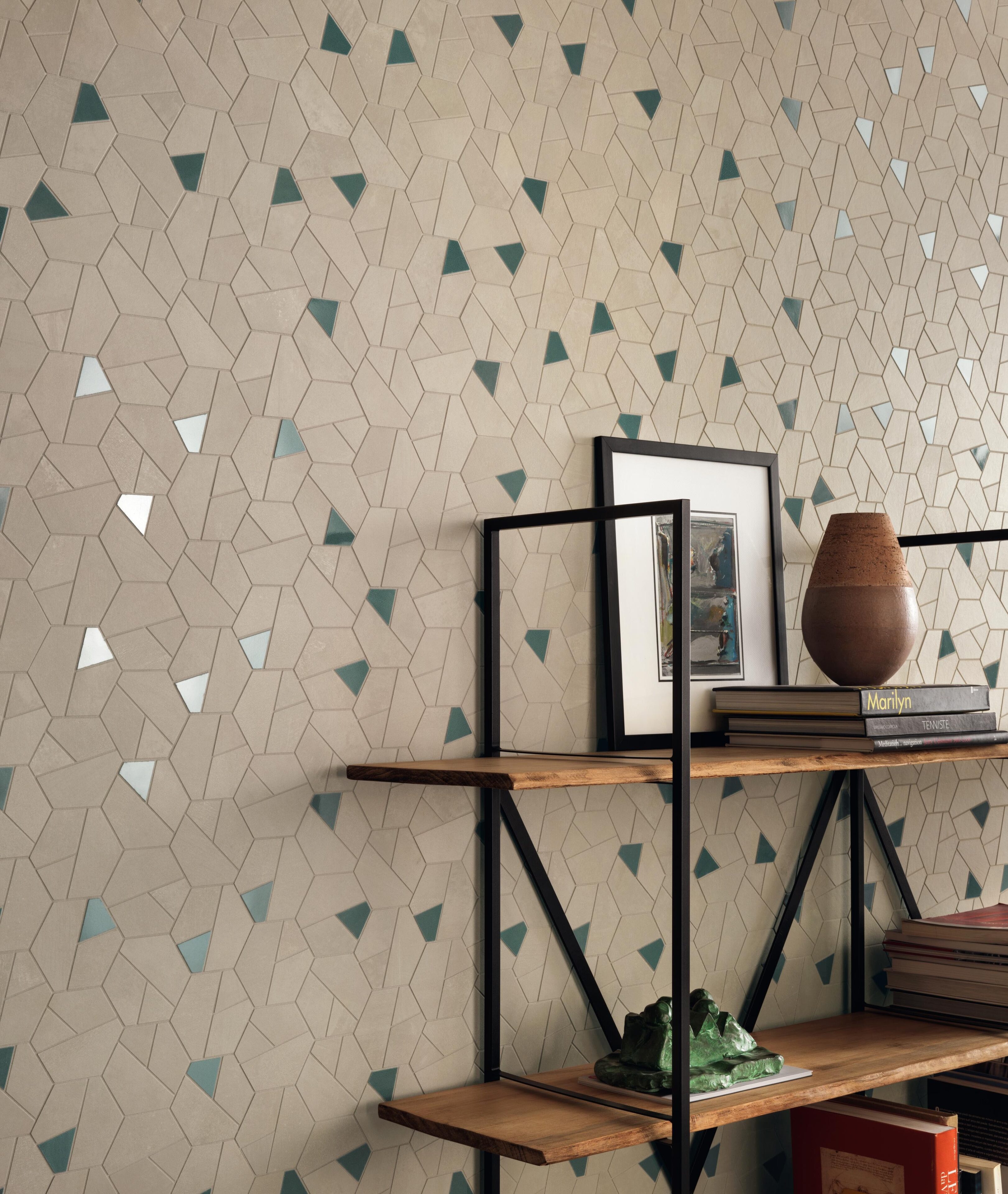 Boost Pro porcelain tile in cream blue hex mosaic on feature wall in entryway.
