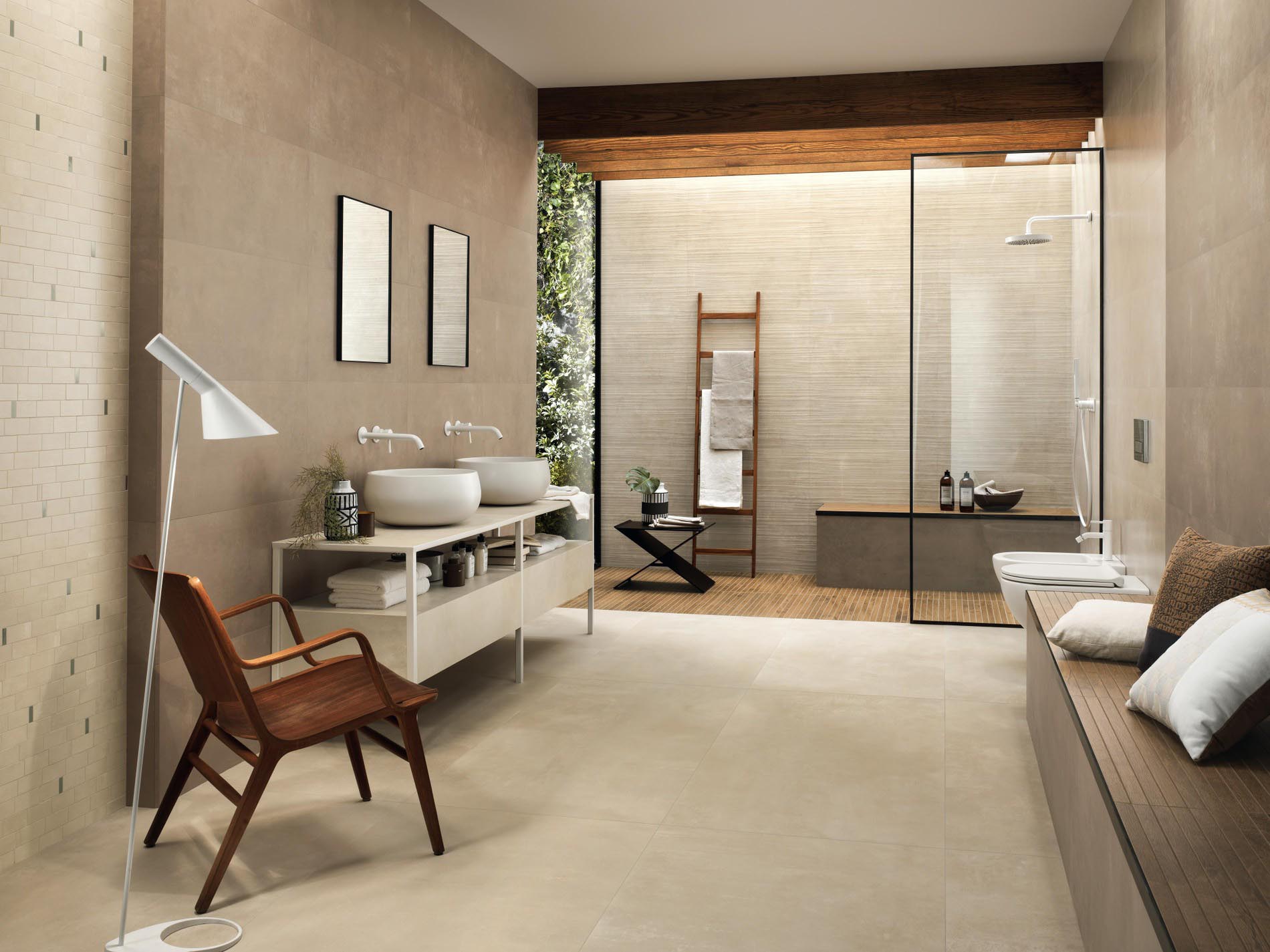 Clay and ivory Boost Pro porcelain tile on floor and wall in luxury bathroom.