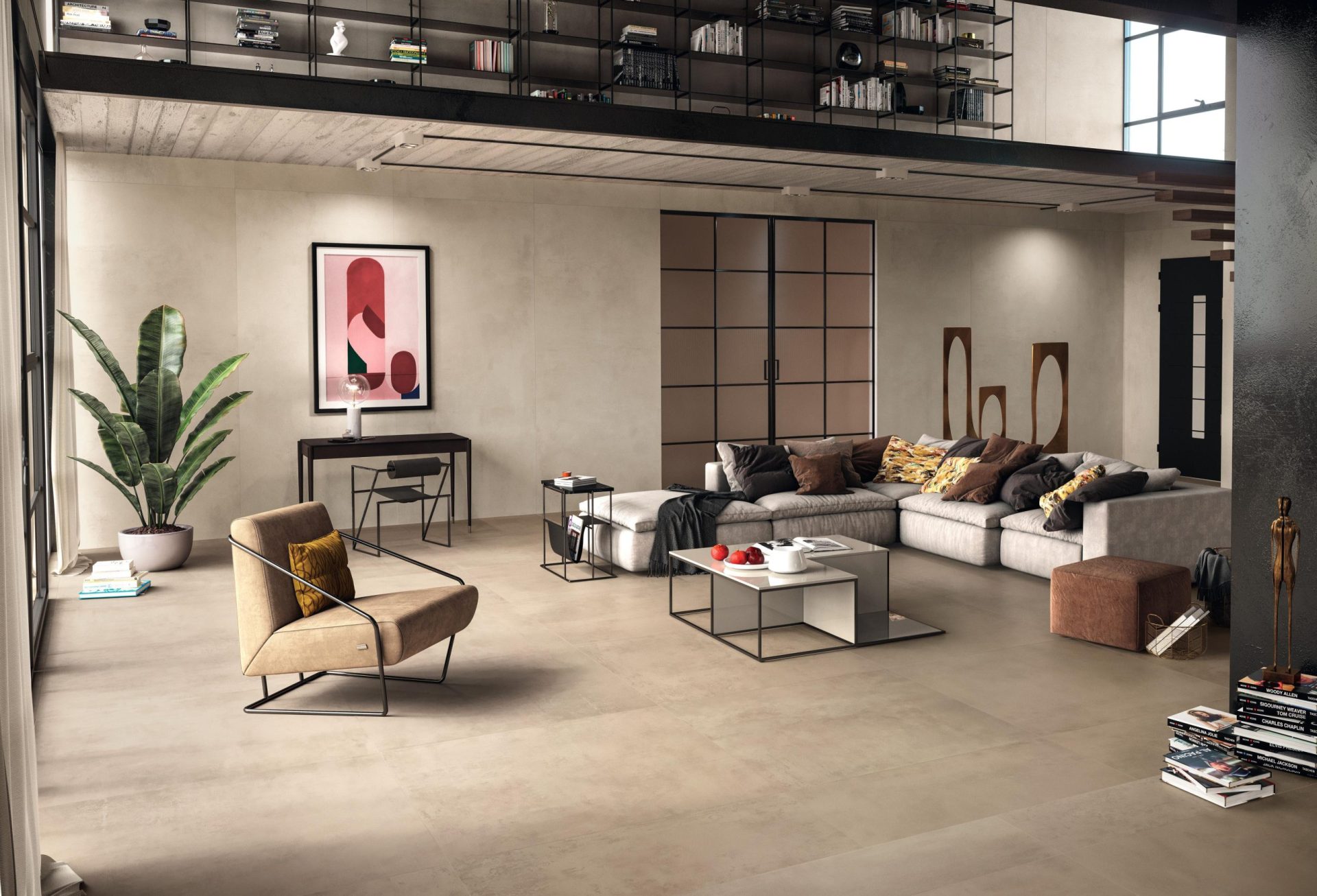 Clay and ivory Boost Pro porcelain tile on floor and wall in luxury living room.