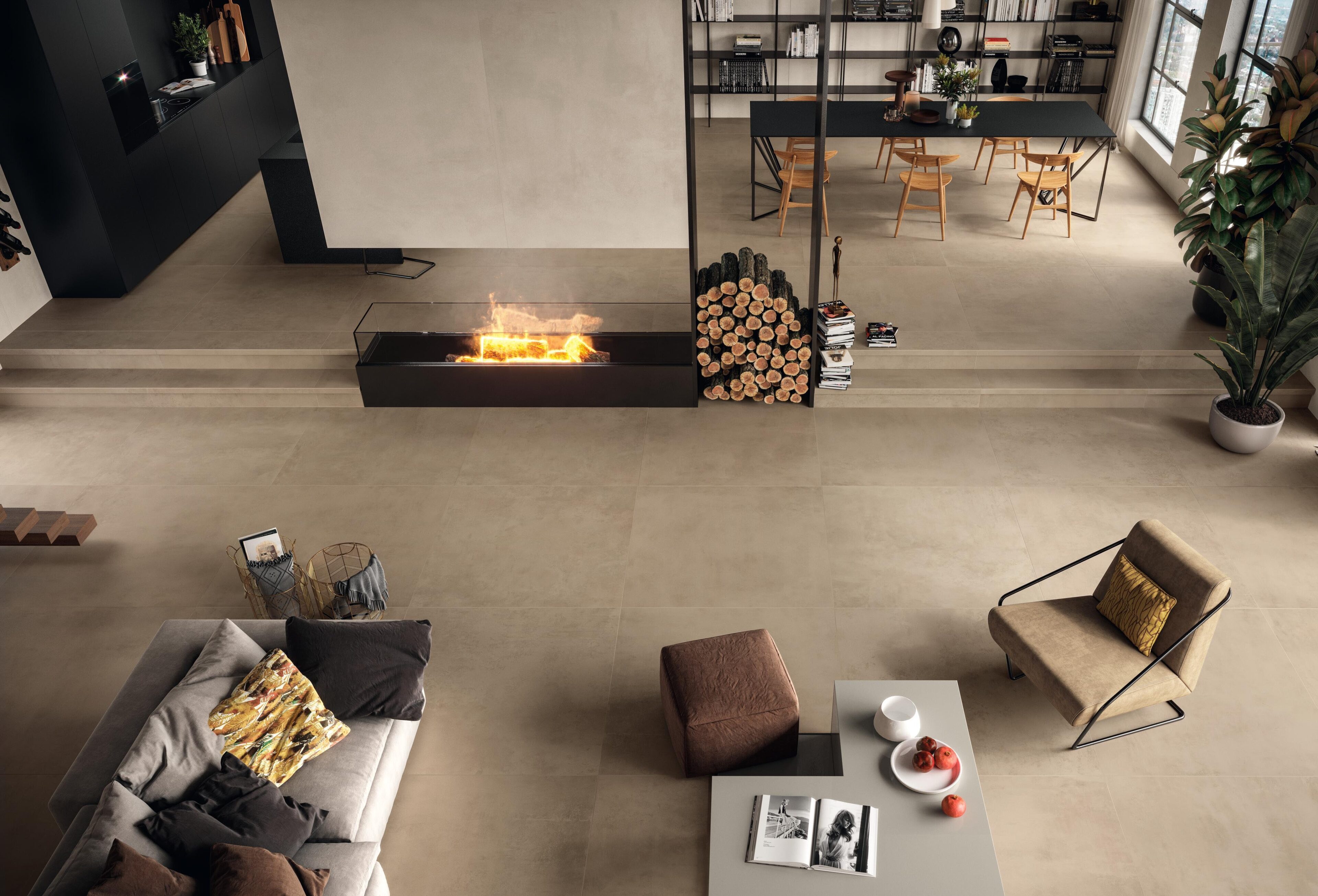 Clay and ivory Boost Pro porcelain tile on floor and wall in luxury living room.