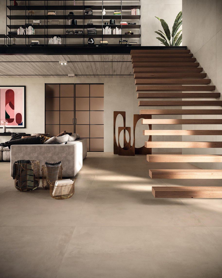 Clay and ivory color Boost Pro porcelain tile on floor and wall in asian-inspired living area