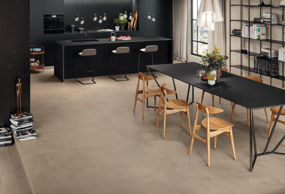 Clay color Boost Pro porcelain tile on floor in dining area.