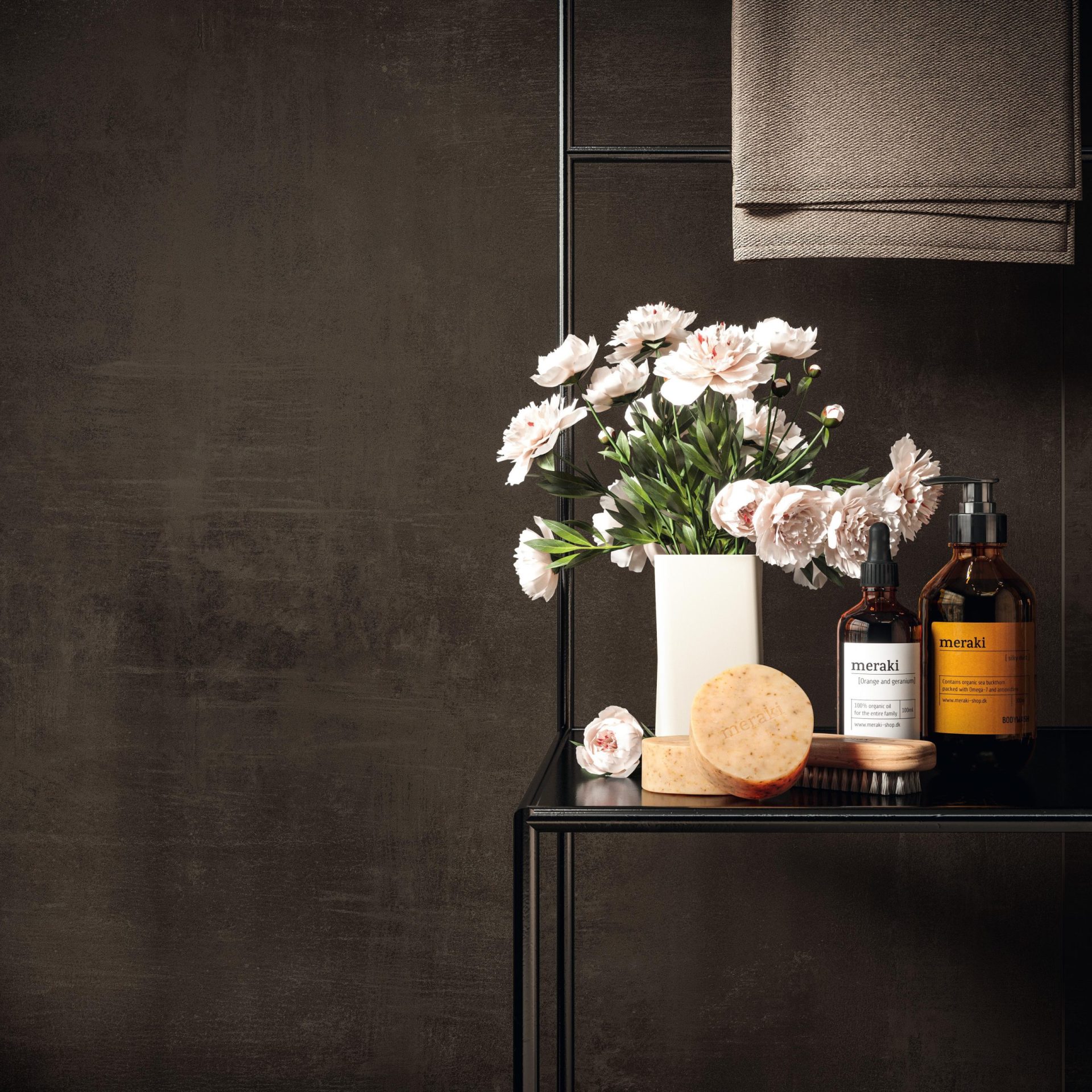 Tobacco color Boost Pro porcelain tile on wall in front of flowers