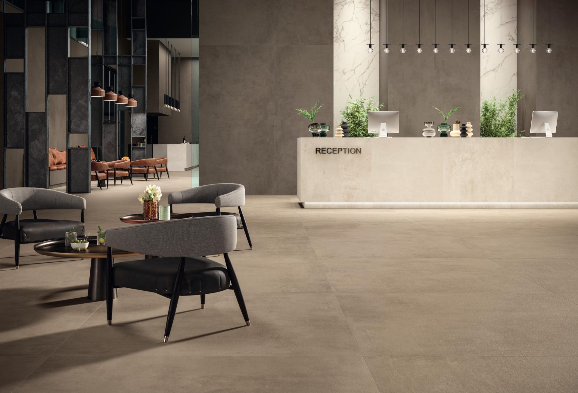 Clay and taupe color Boost Pro porcelain tile on floor and walls in spa area.