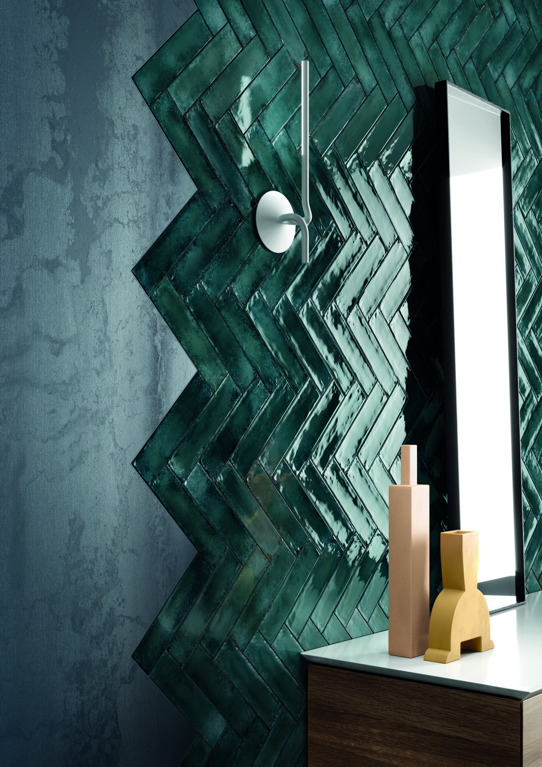 Metallica Green tile installed on partial wall behind countertops