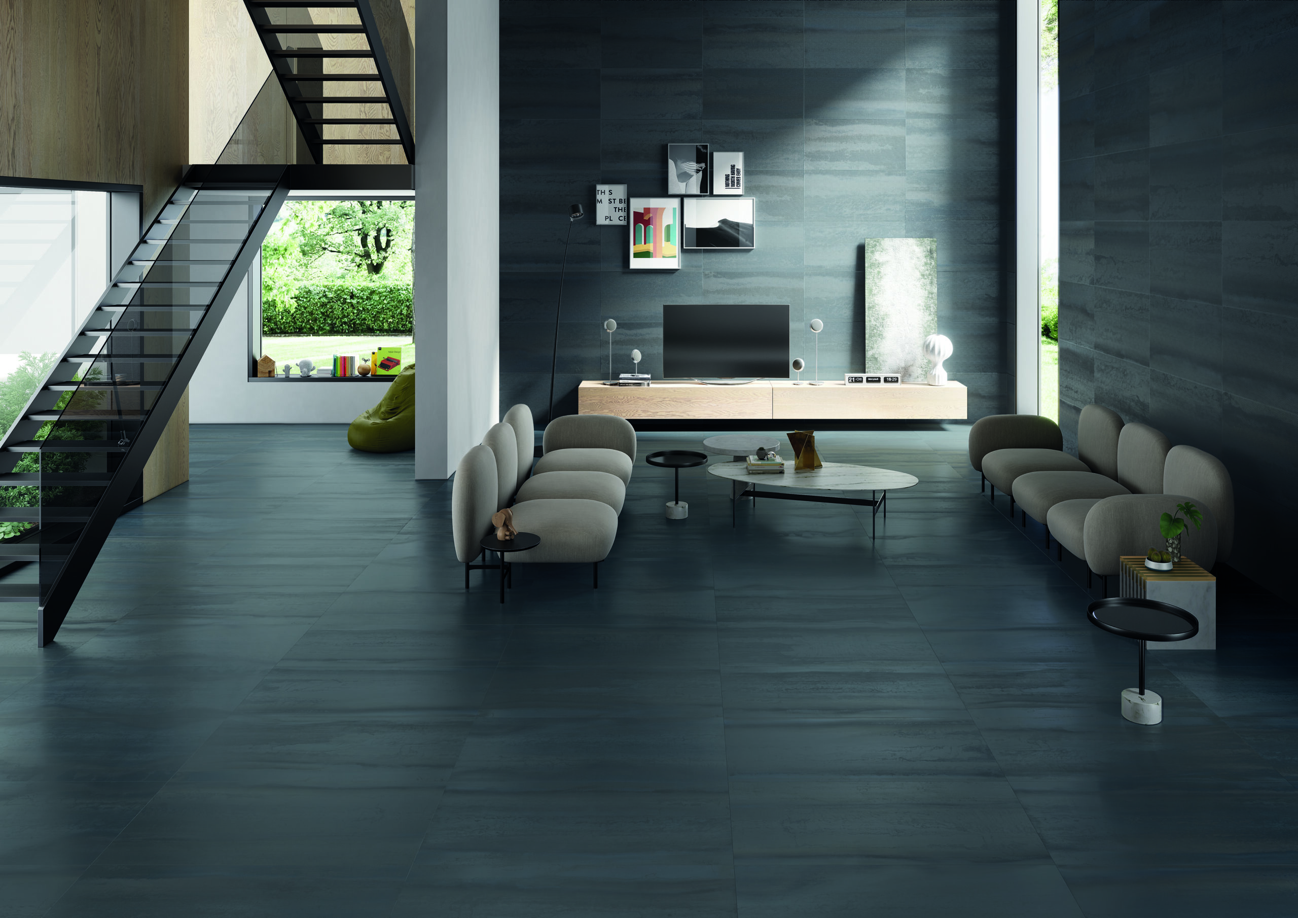 Metallica Calamine installed on floors, back, and side walls of contemporary living room