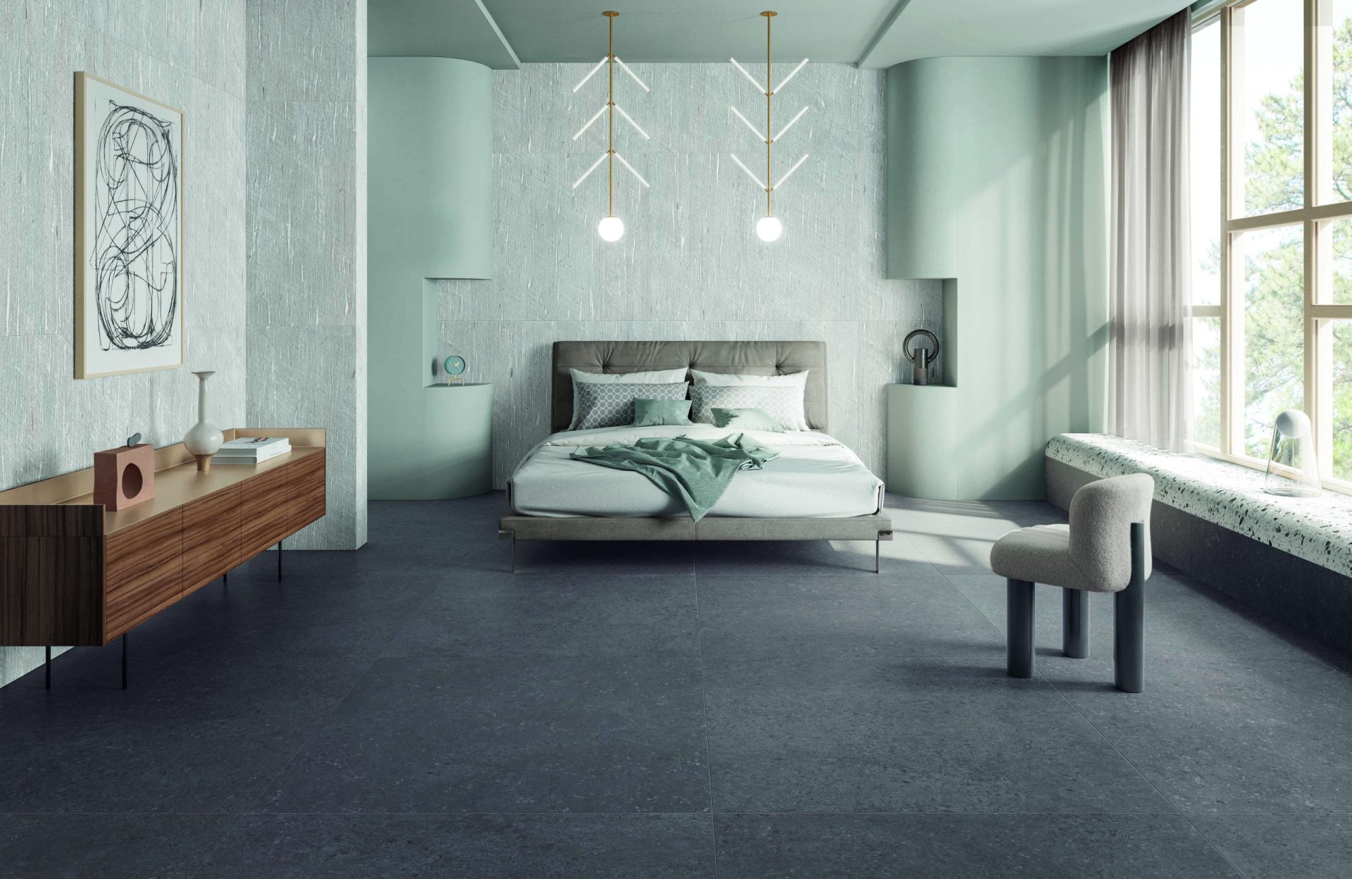 Bedroom featuring Tide Road porcelain tile in Graphite Cross Cut on the floor, and Platinum Vein cut on the walls.