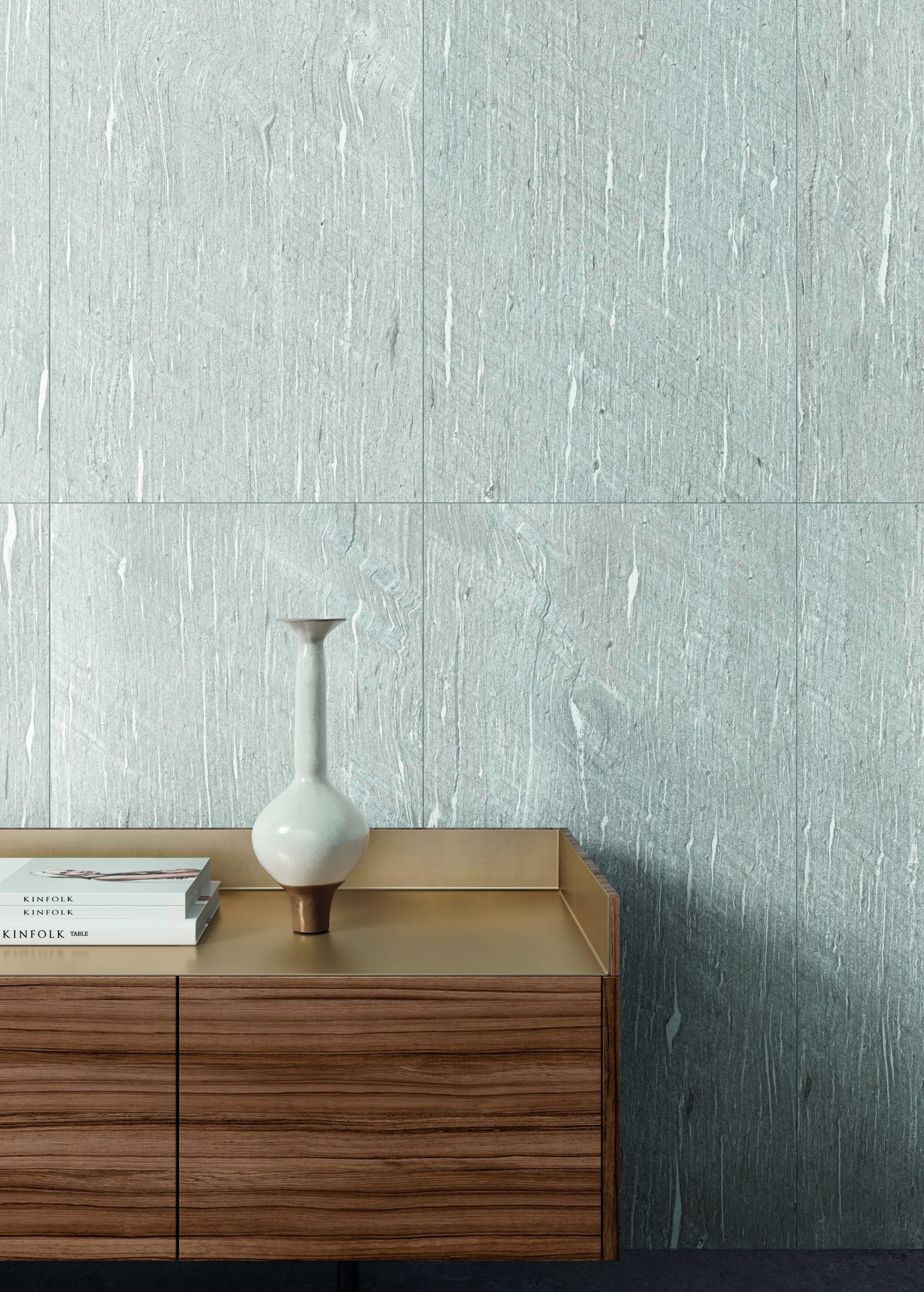 Feature wall showing Tide Road porcelain tile in Platinum Vein cut.