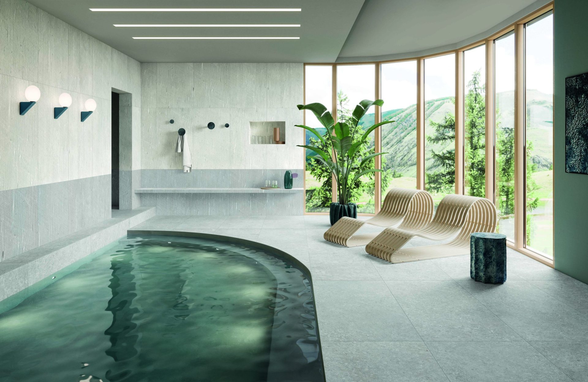 Spa and dunking pool showing Tide Road porcelain tile in Platinum Cross cut on the floor and Light Vein cut on the walls.