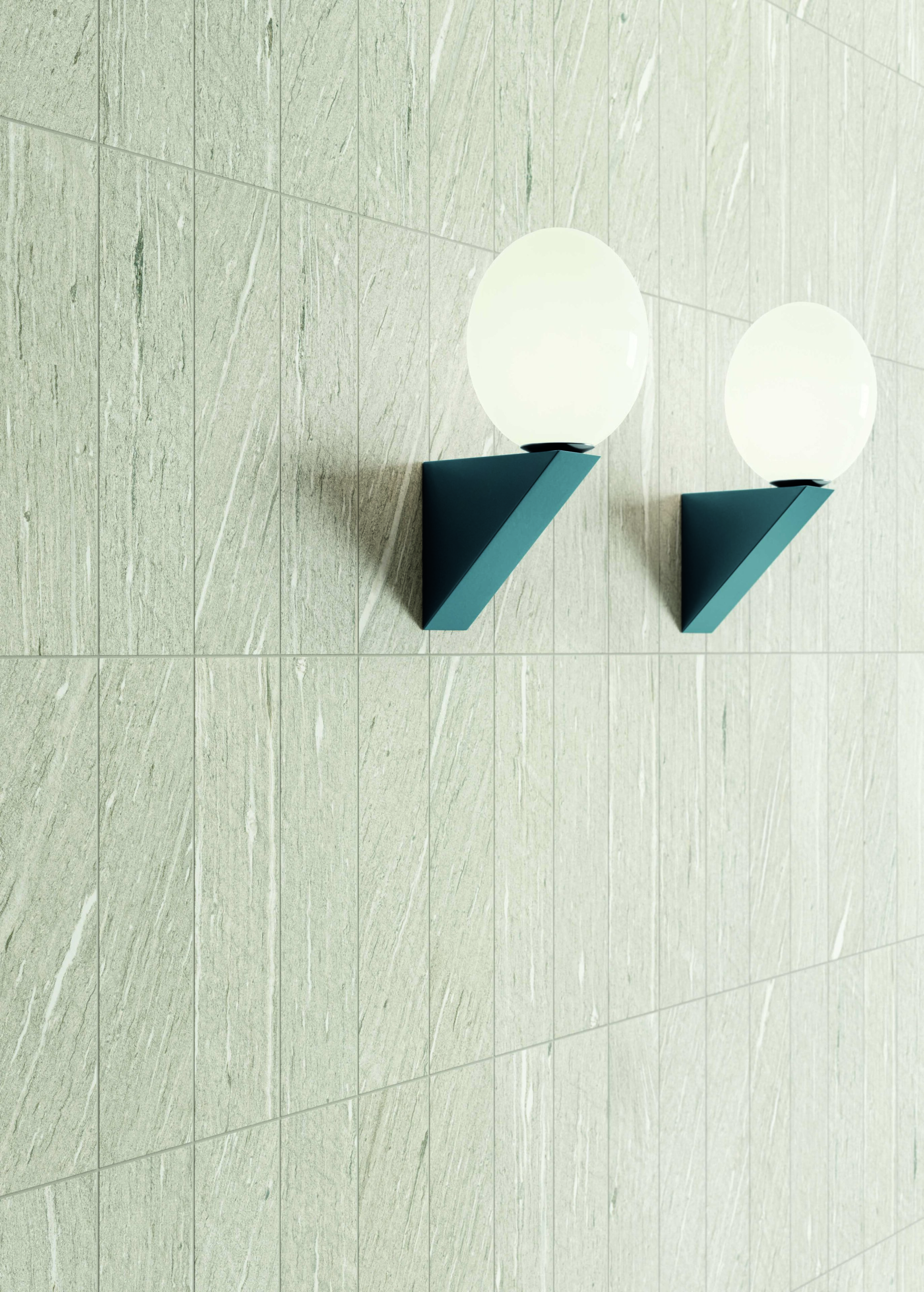Feature wall showing Tide Road porcelain tile in Light Vein Cut in 3x12