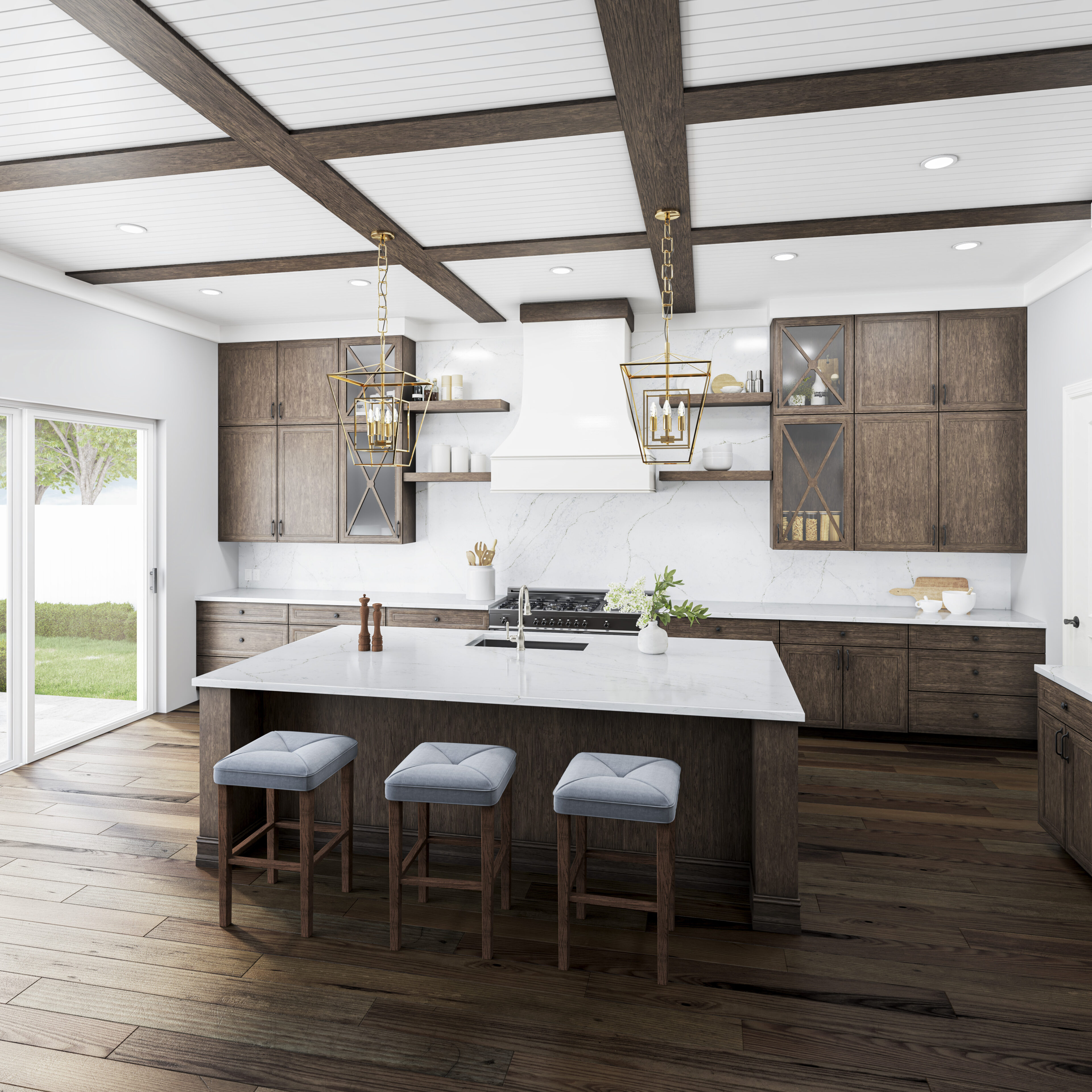 Mortiz in traditoinal kitchen with dark hardwood floor