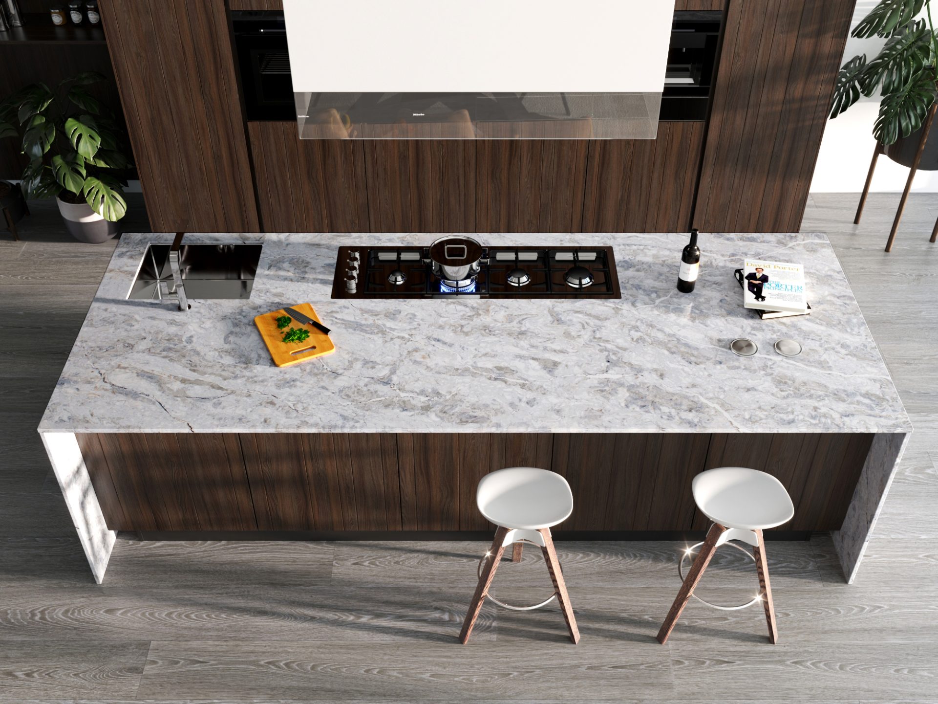 PentalQuartz Ijen featured on a kitchen island with brown cabinetry