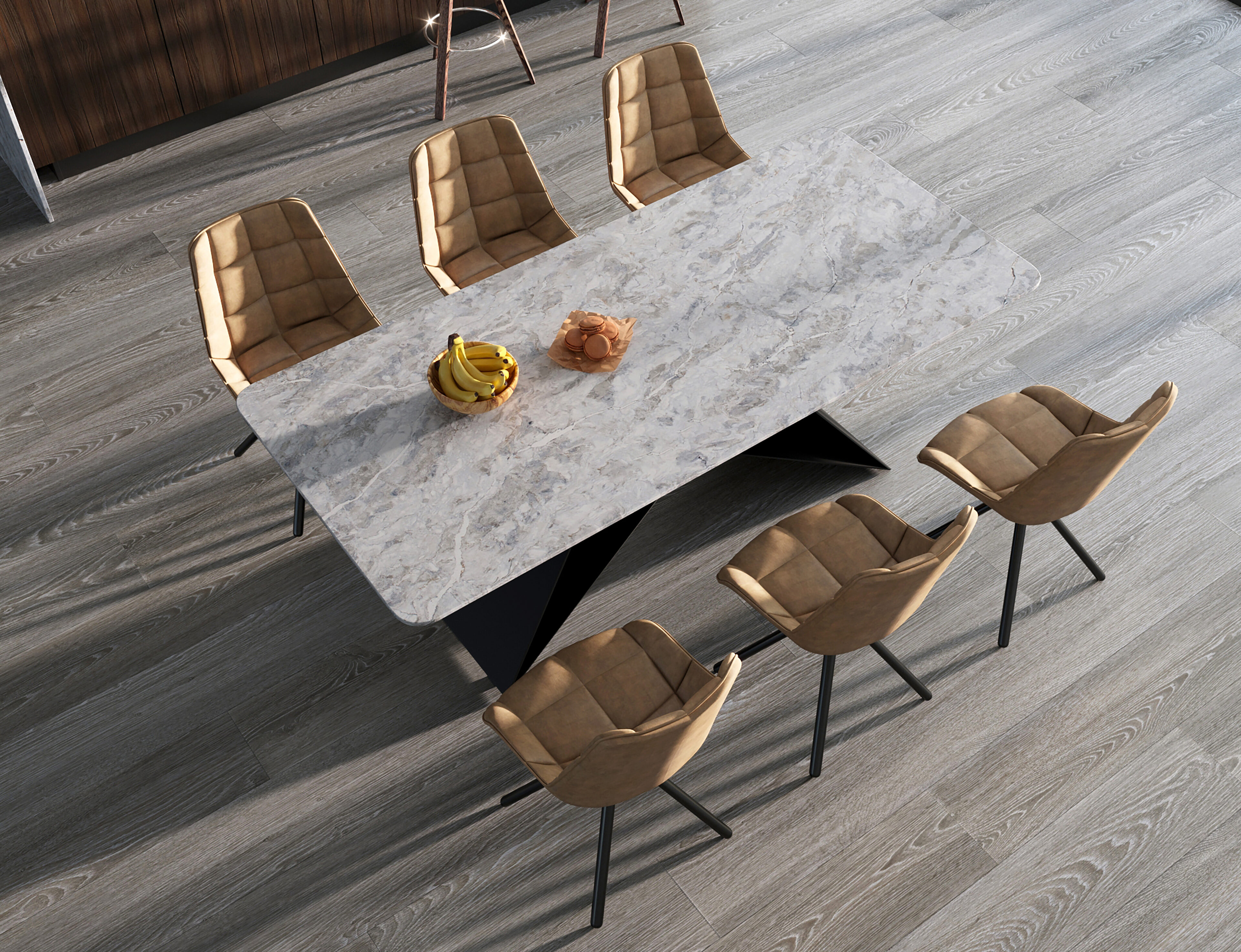 PentalQuartz Ijen installed on a table with gold chairs