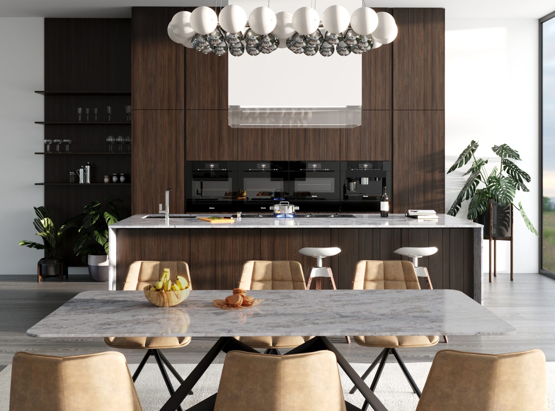 PentalQuartz Ijen installed on modern kitchen countertops and table