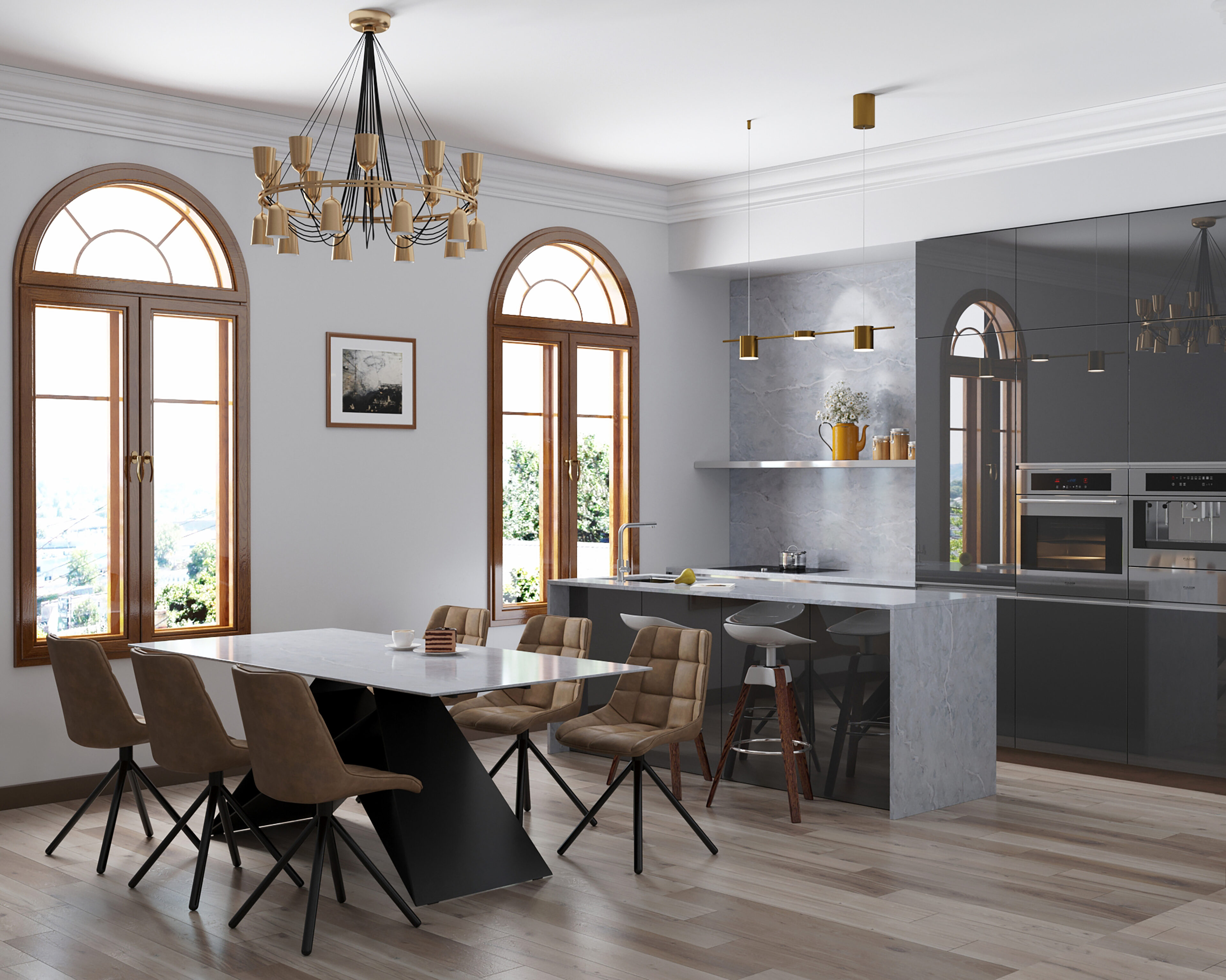 PentalQuartz Vezzano featured on island and backsplash in contemporary kitchen