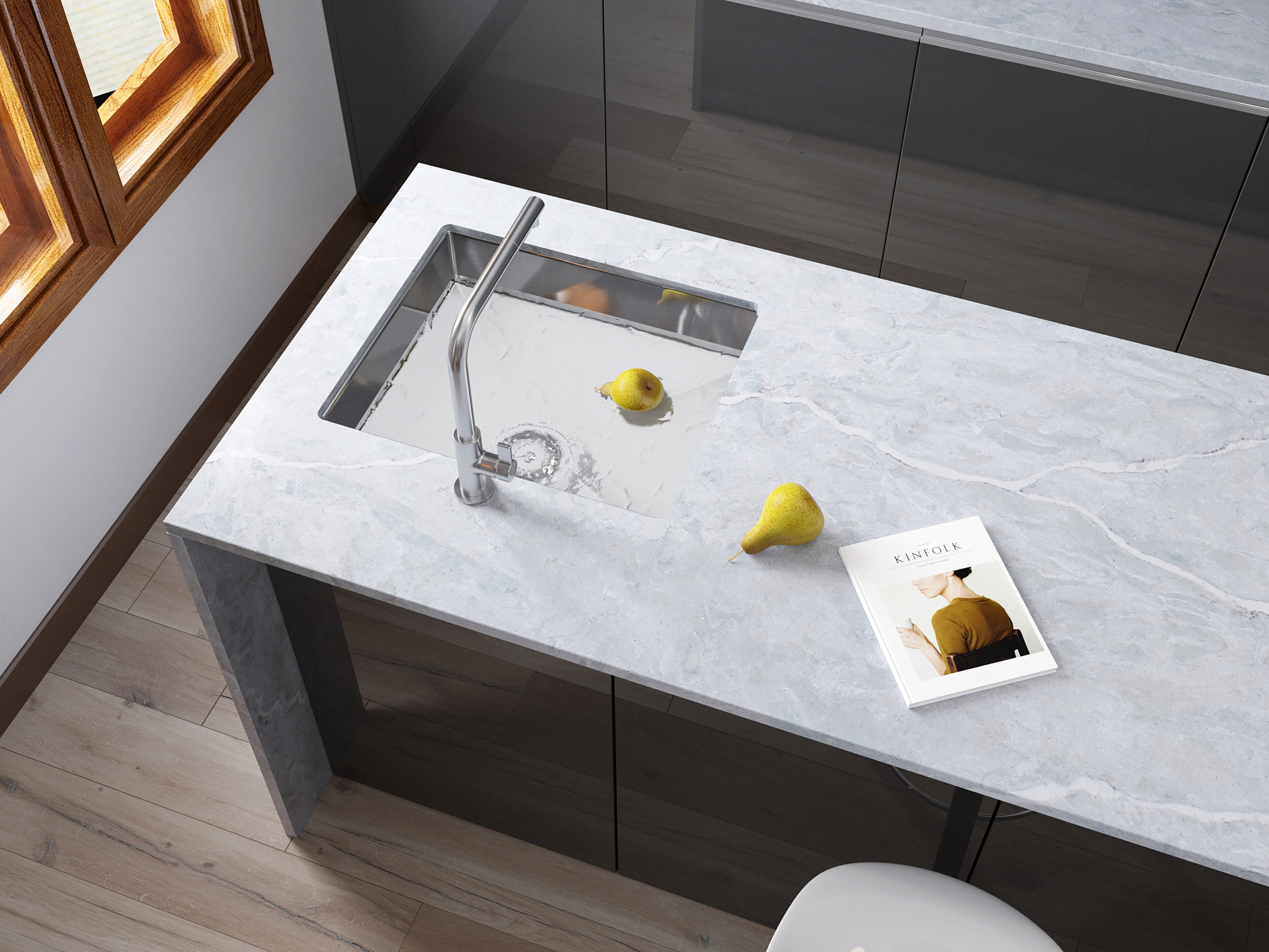 PentalQuartz Vezzano featured on island and backsplash in contemporary kitchen island viewed from above