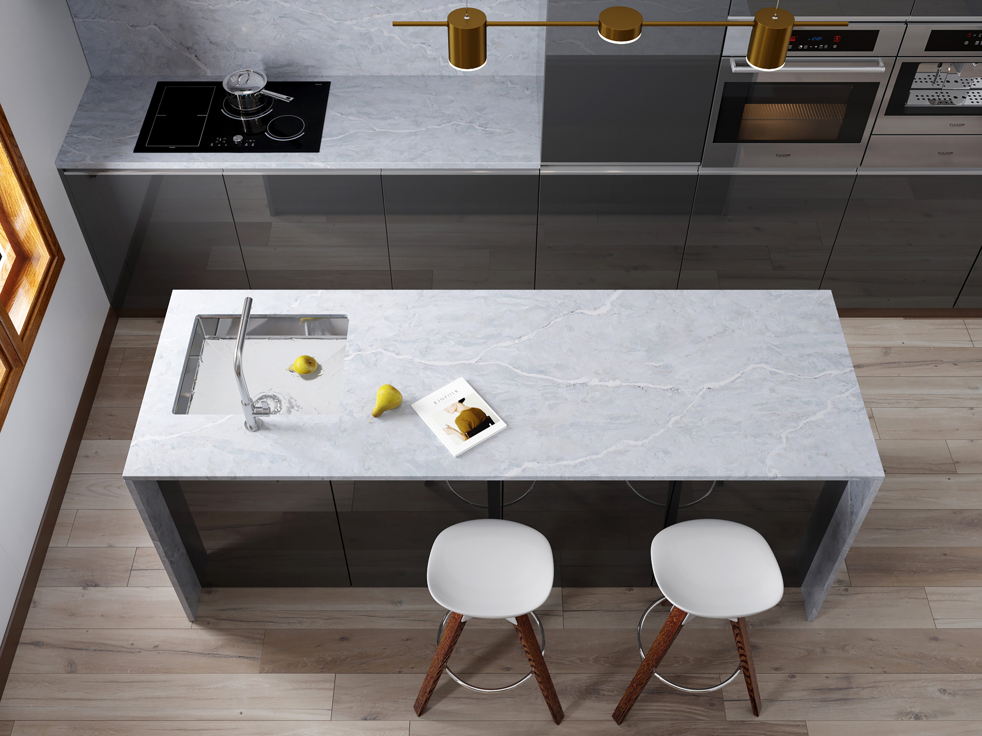 PentalQuartz Vezzano featured on island and backsplash in contemporary kitchen