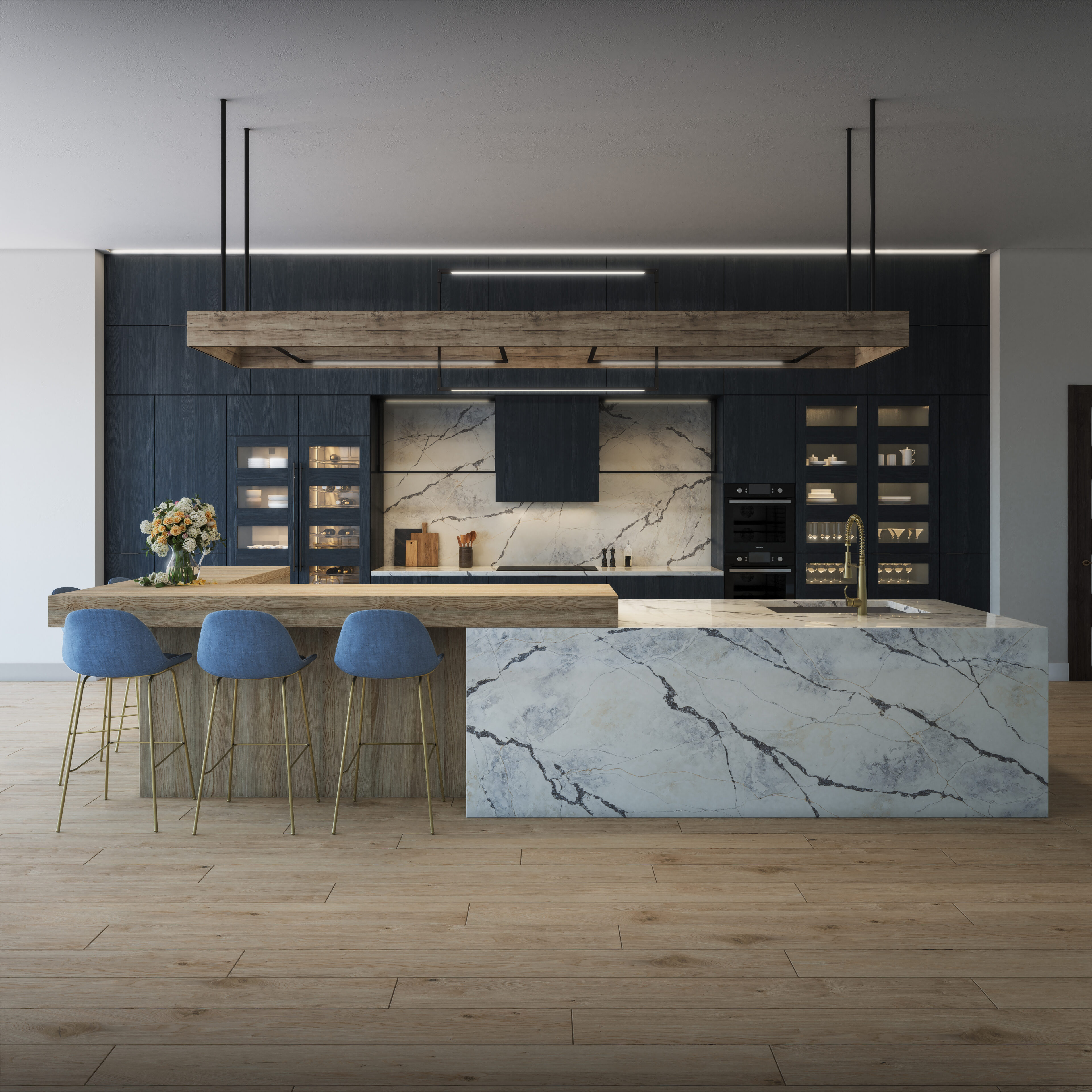 Ijen Azul on kitchen island and backplash