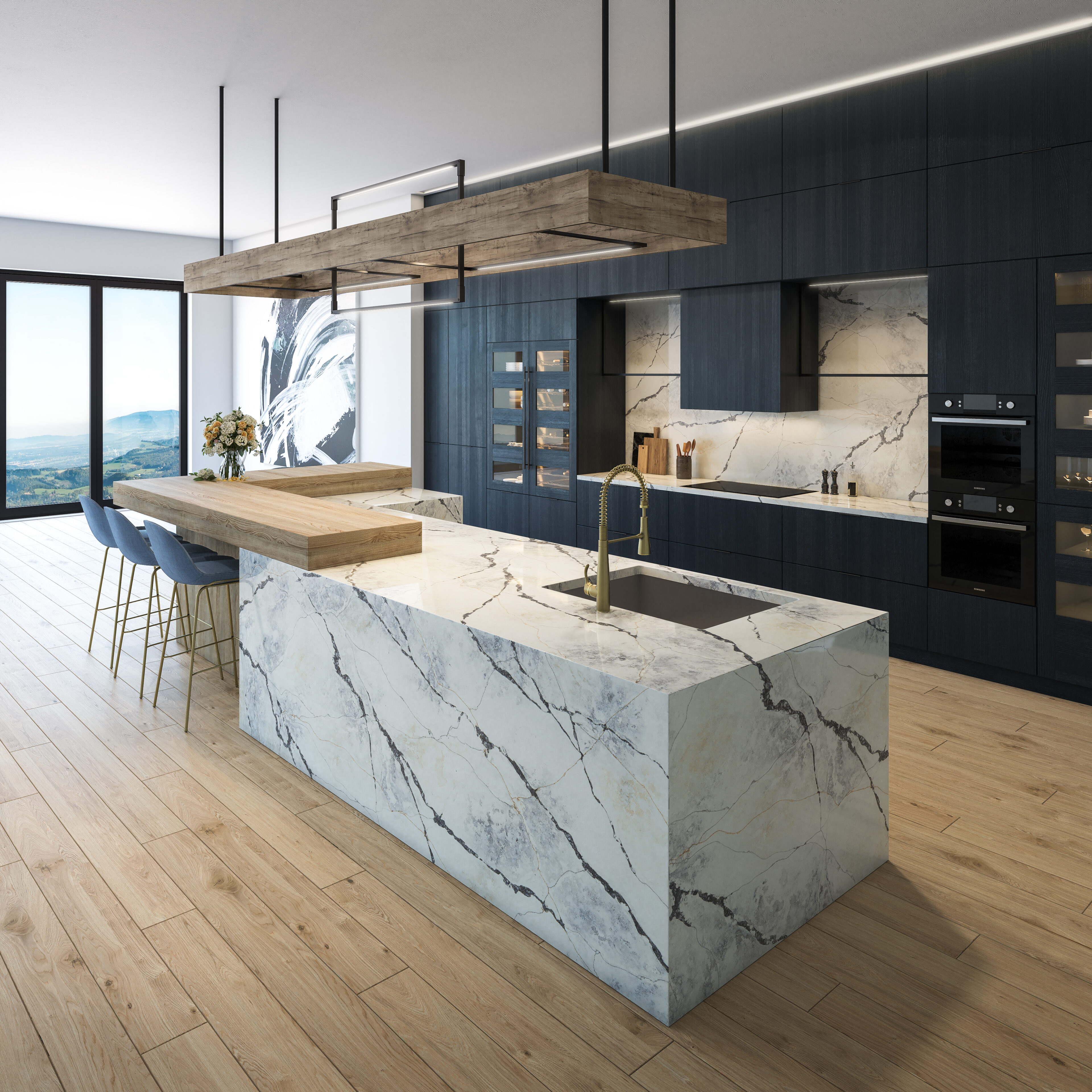 Ijen Azul on kitchen island and backplash
