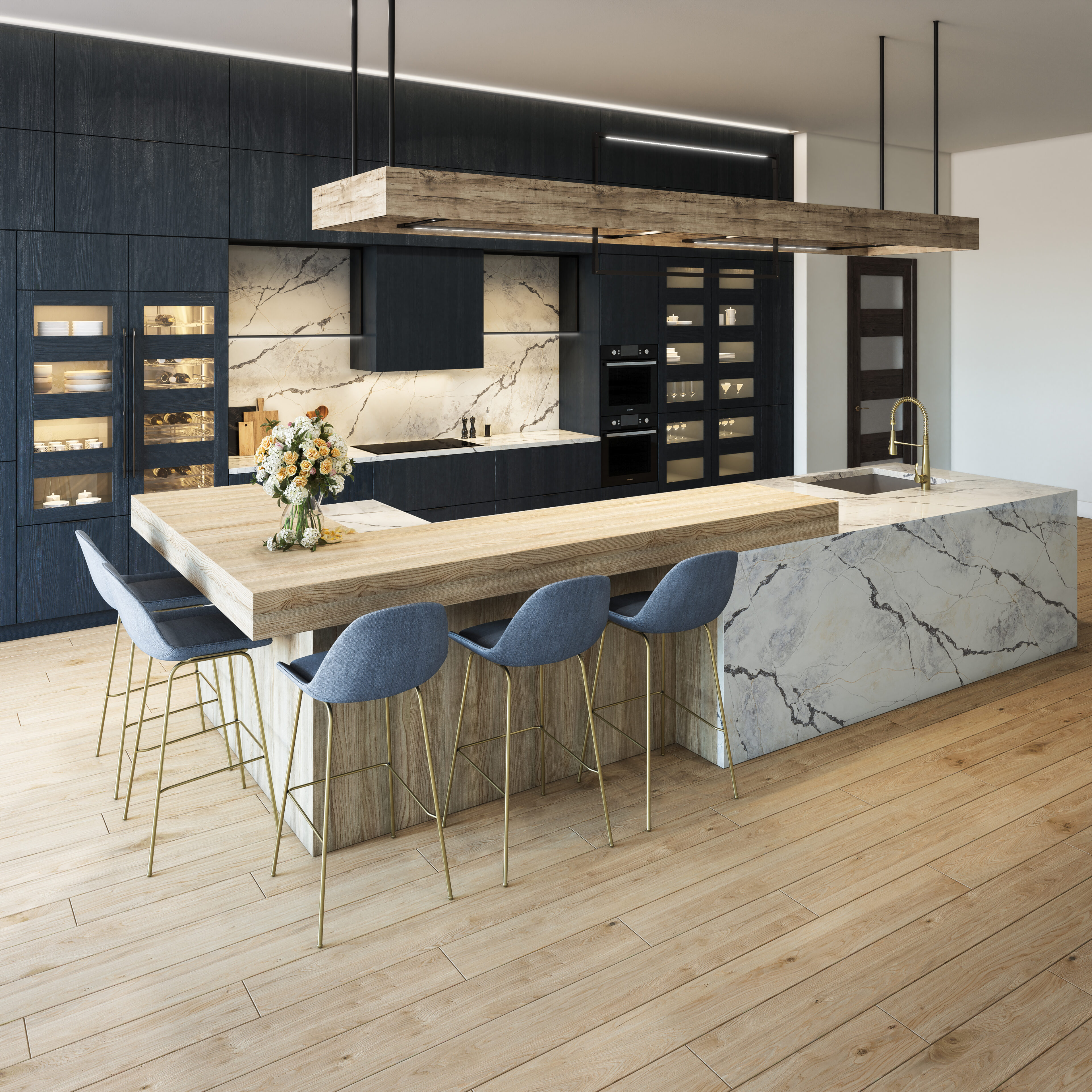 Ijen Azul on kitchen island and backplash
