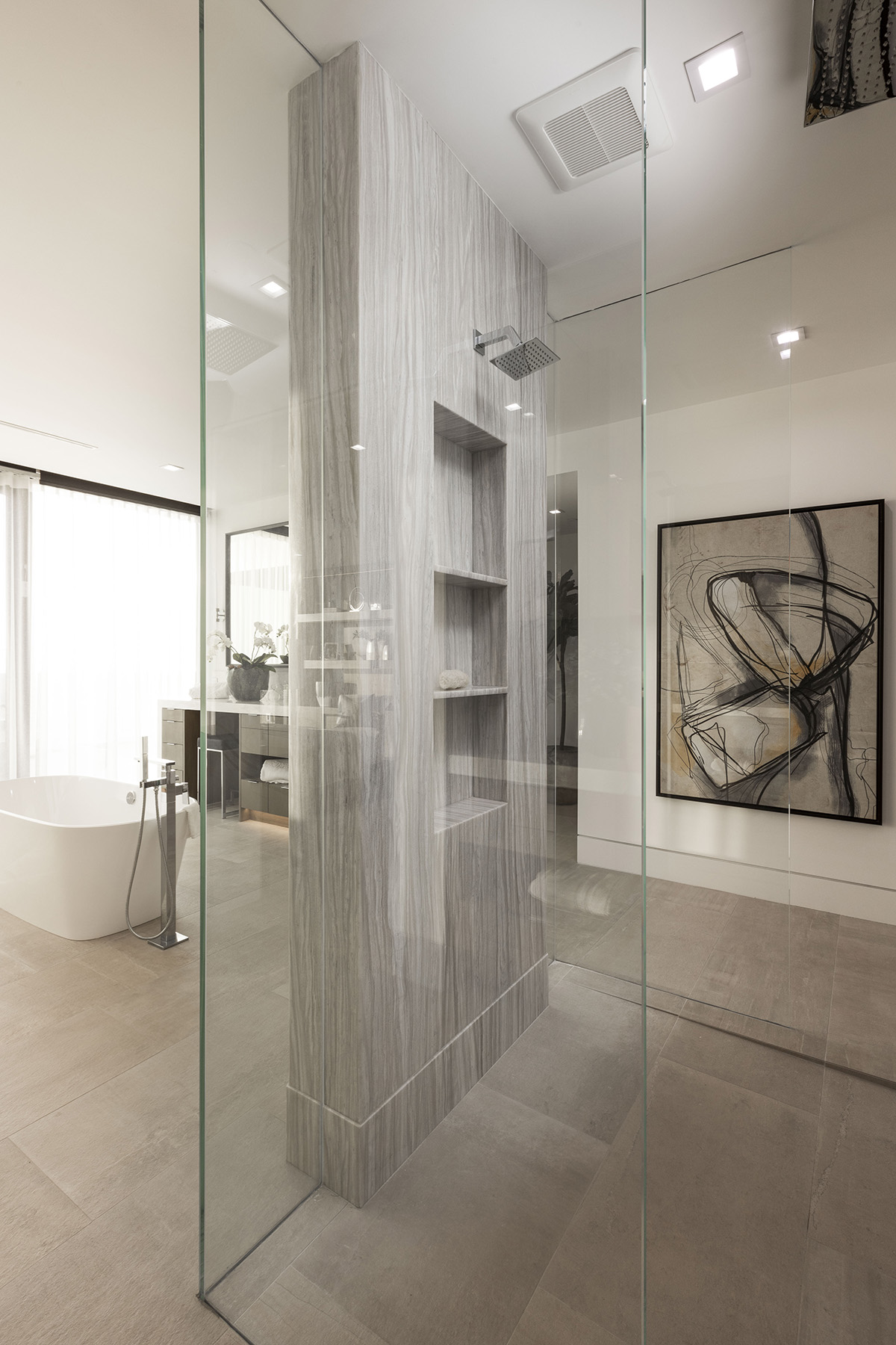 Nestos Beige marble installed on shower walls in modern bathroom