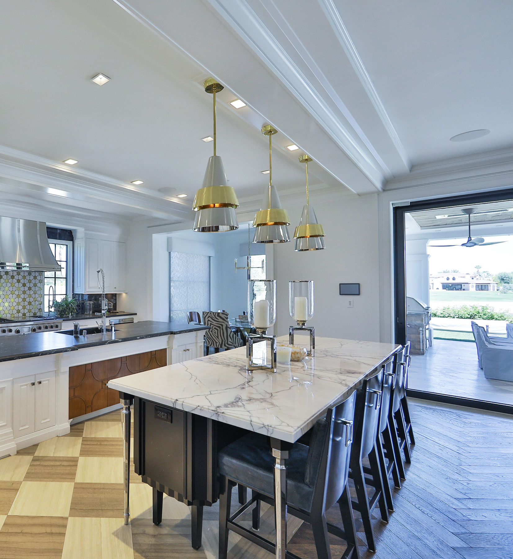 Super Lilac installed in modern kitchen with gold checkered floors