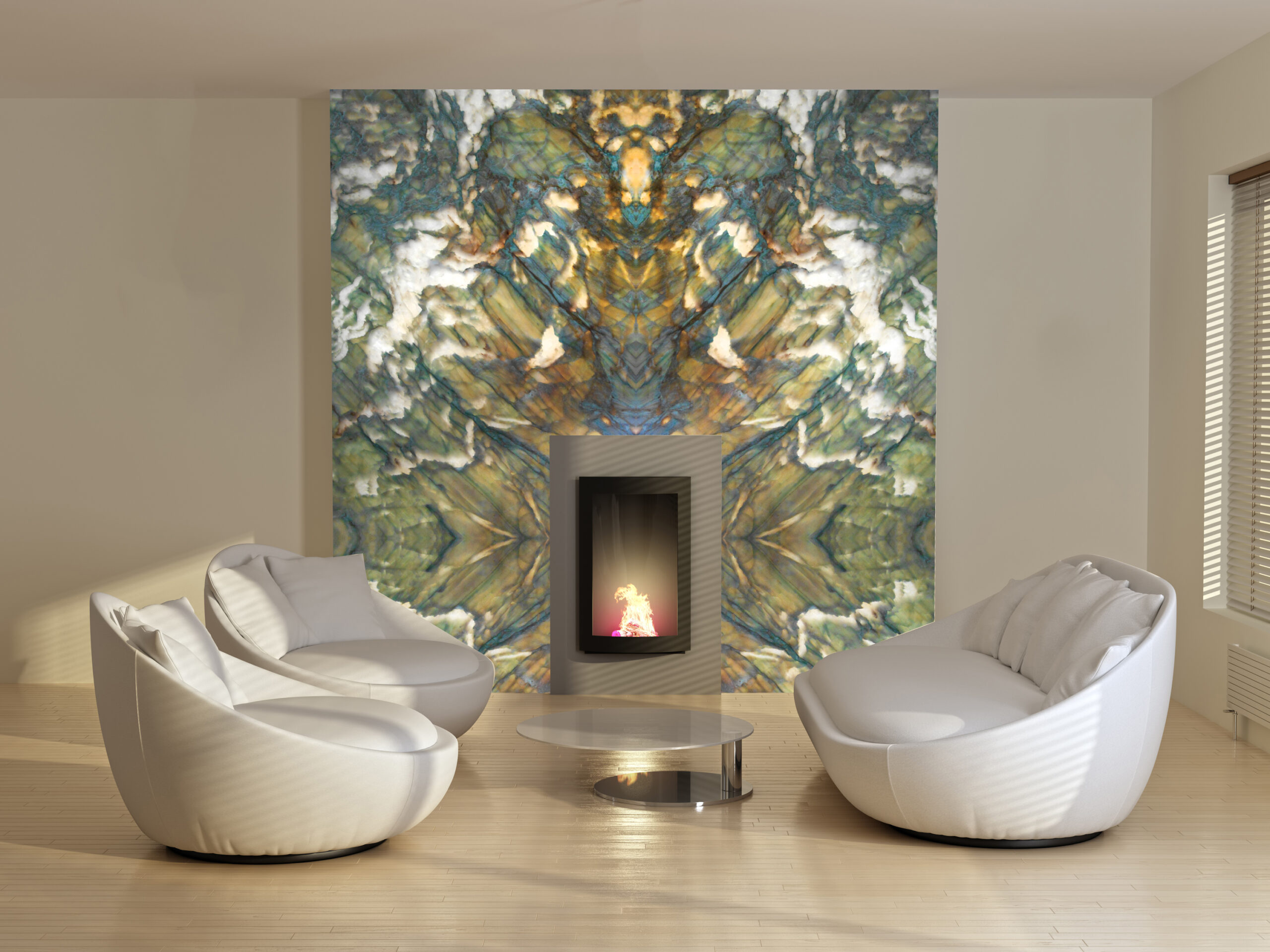 Bookmatched Alexandrita Quartzite in minimalist living room with fireplace