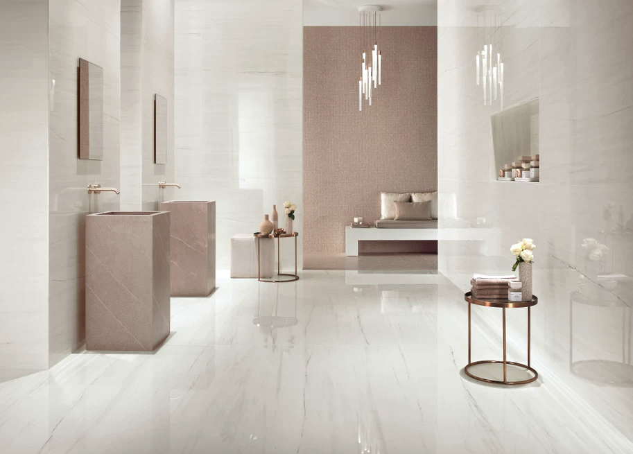 Marvel Bianco Dolomite porcelain tile featured in modern bathroom