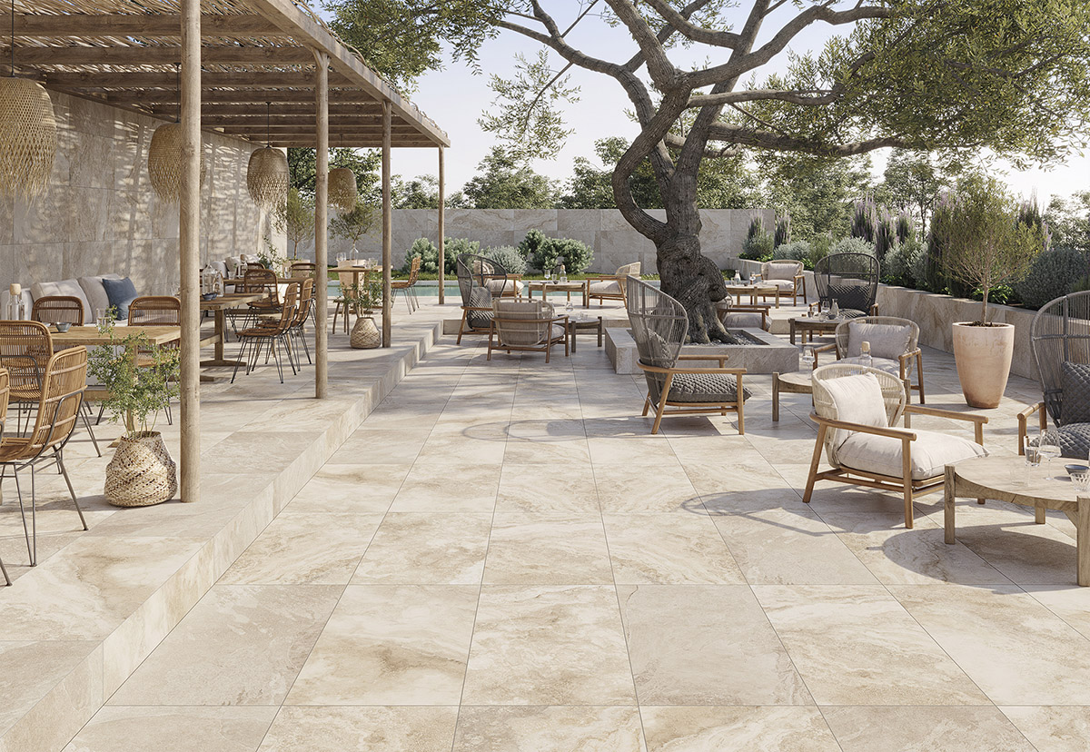 Chrono Cream porcelain pavers installed in outdoor resort