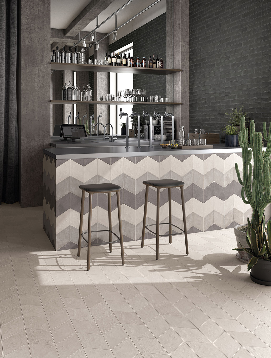Chalk Rhomboid Silver and White porcelain tiles installed in cocktail bar