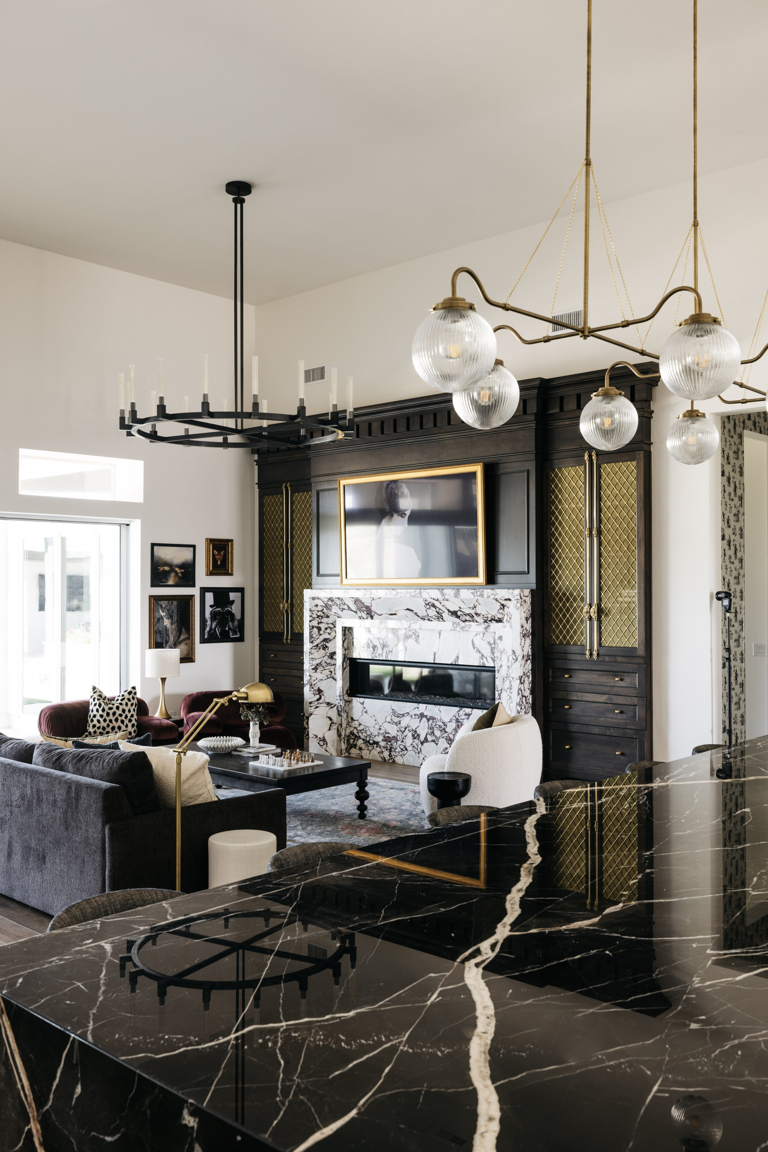 Fireplace featuring Calacatta Viola in living room area