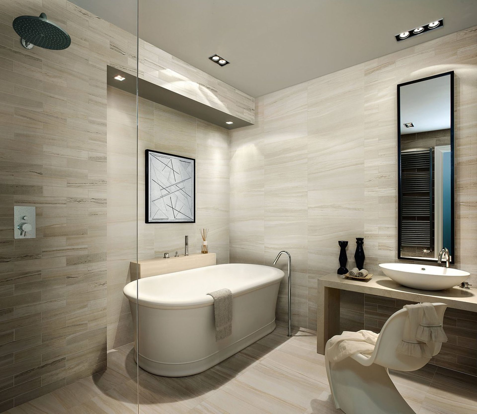 Flow Ivory porcelain tiles featured in modern bathroom