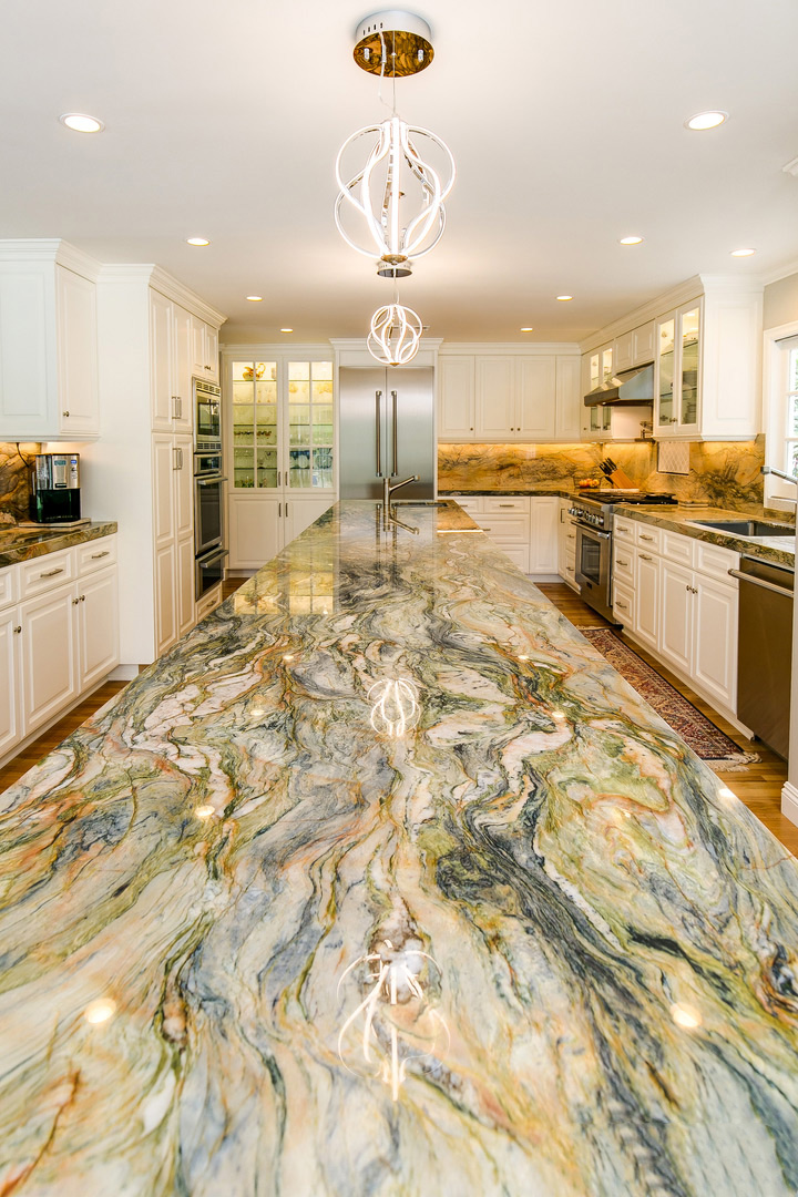 Fusion Granite Island Countertop In Open-Concept Kitchen
