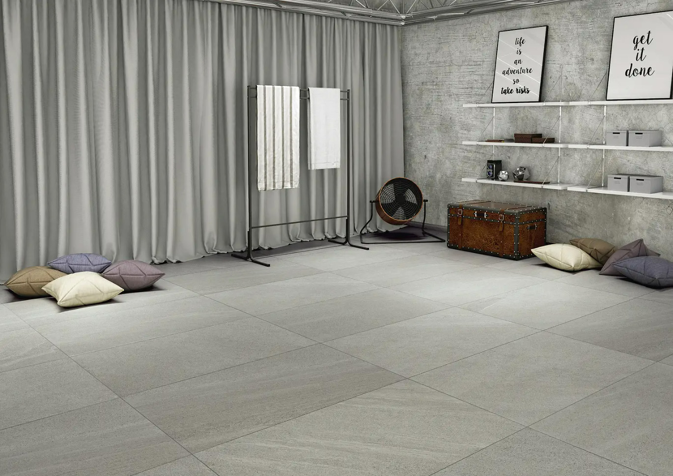 Limestone Ash porcelain tiles featured on flooring of living room