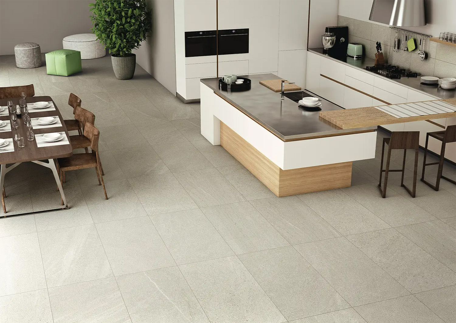 Limestone Beige porcelain tiles featured in modern kitchen with white cabinets