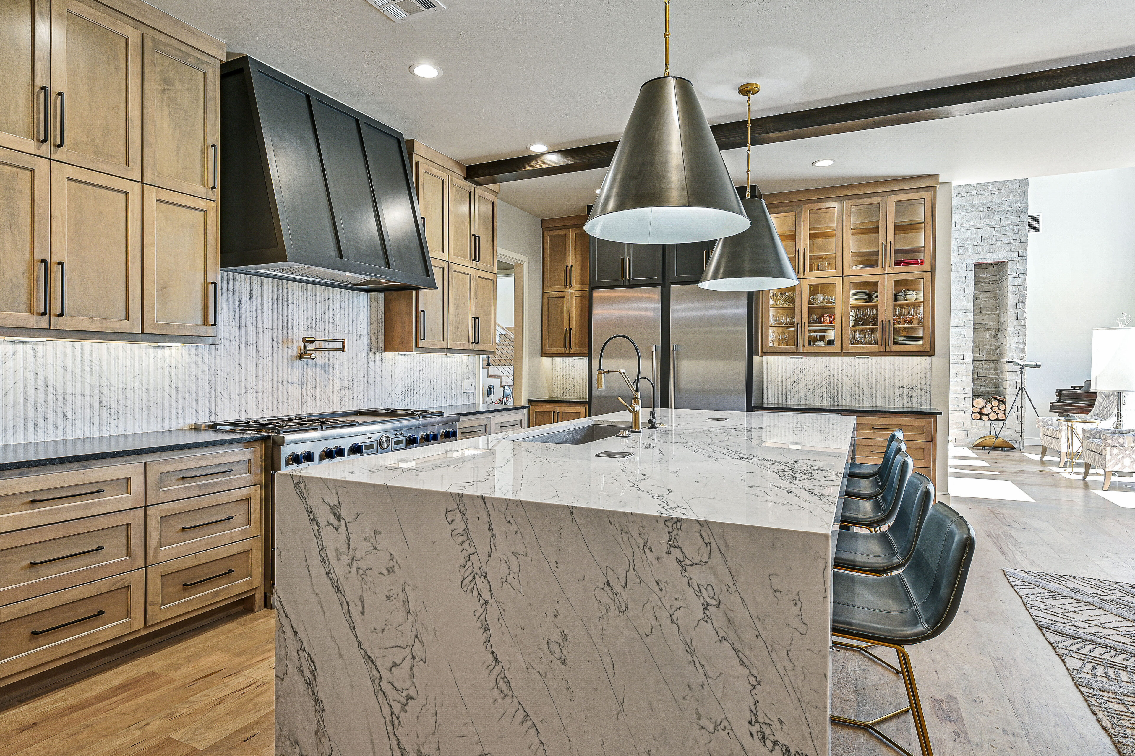 Opus White Quartzite in modern kitchen with light cabinets