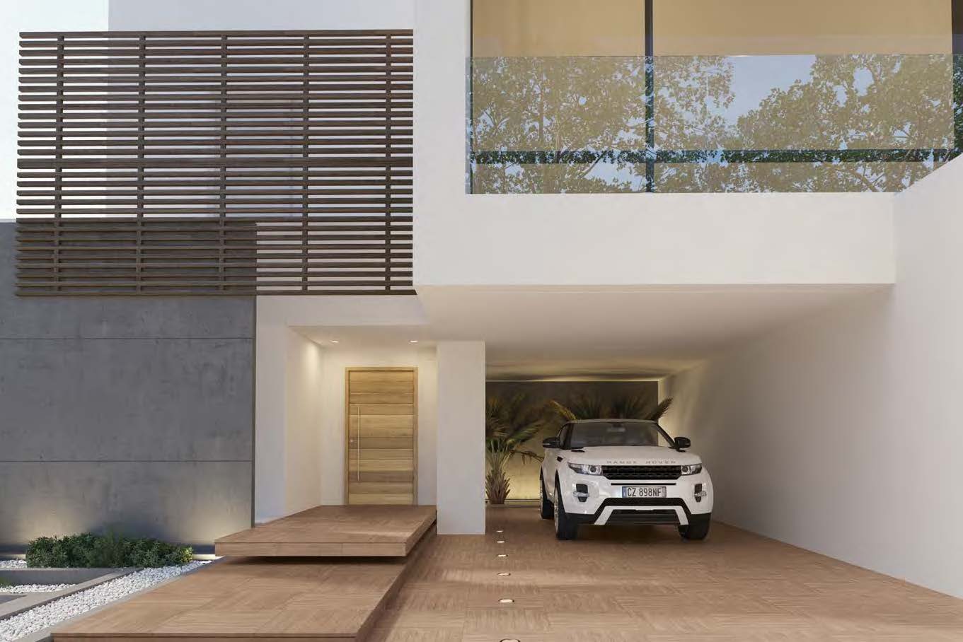 Prestige Beige porcelain pavers featured in modern home car garage