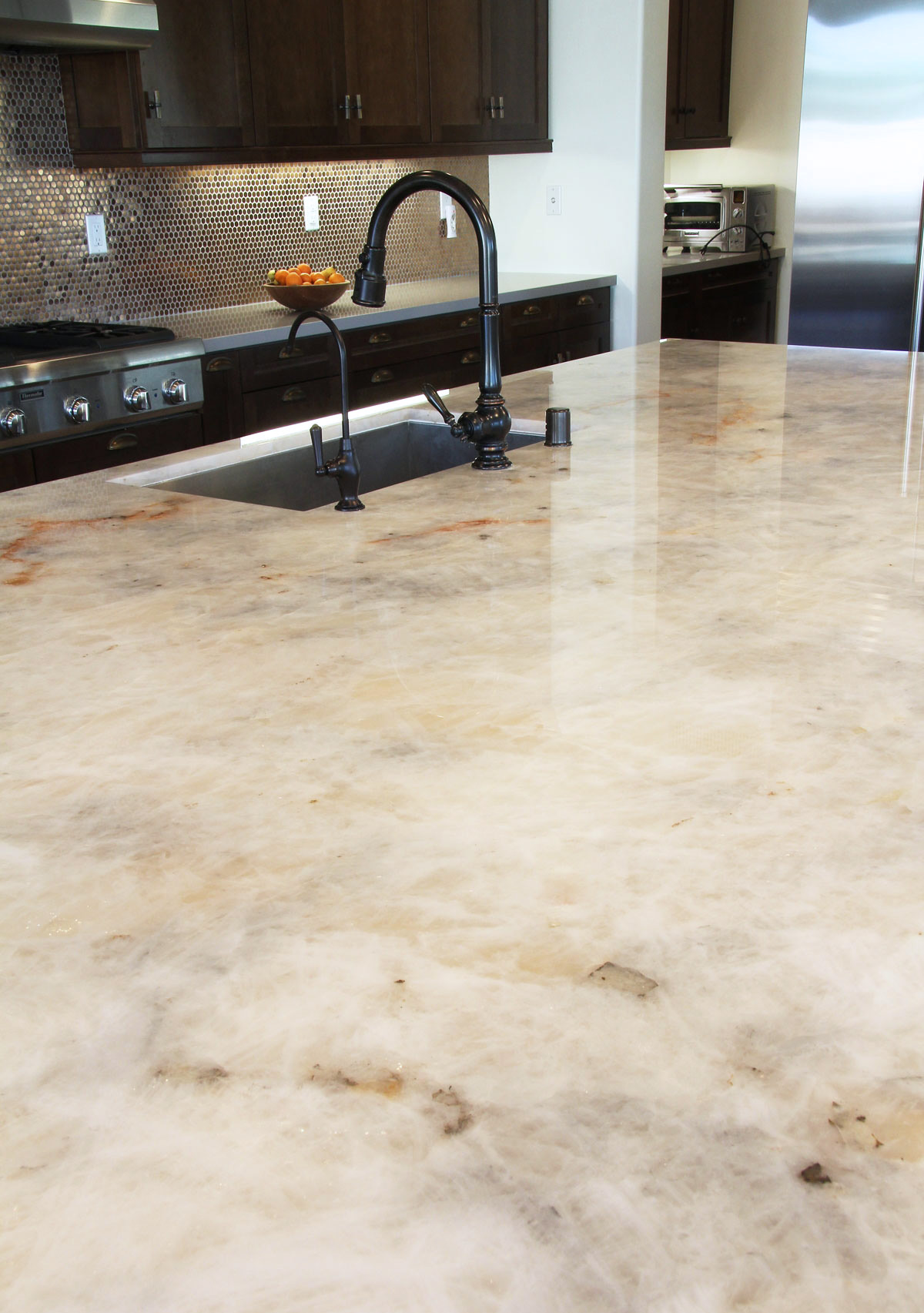 Lumix quartzite kitchen island close up