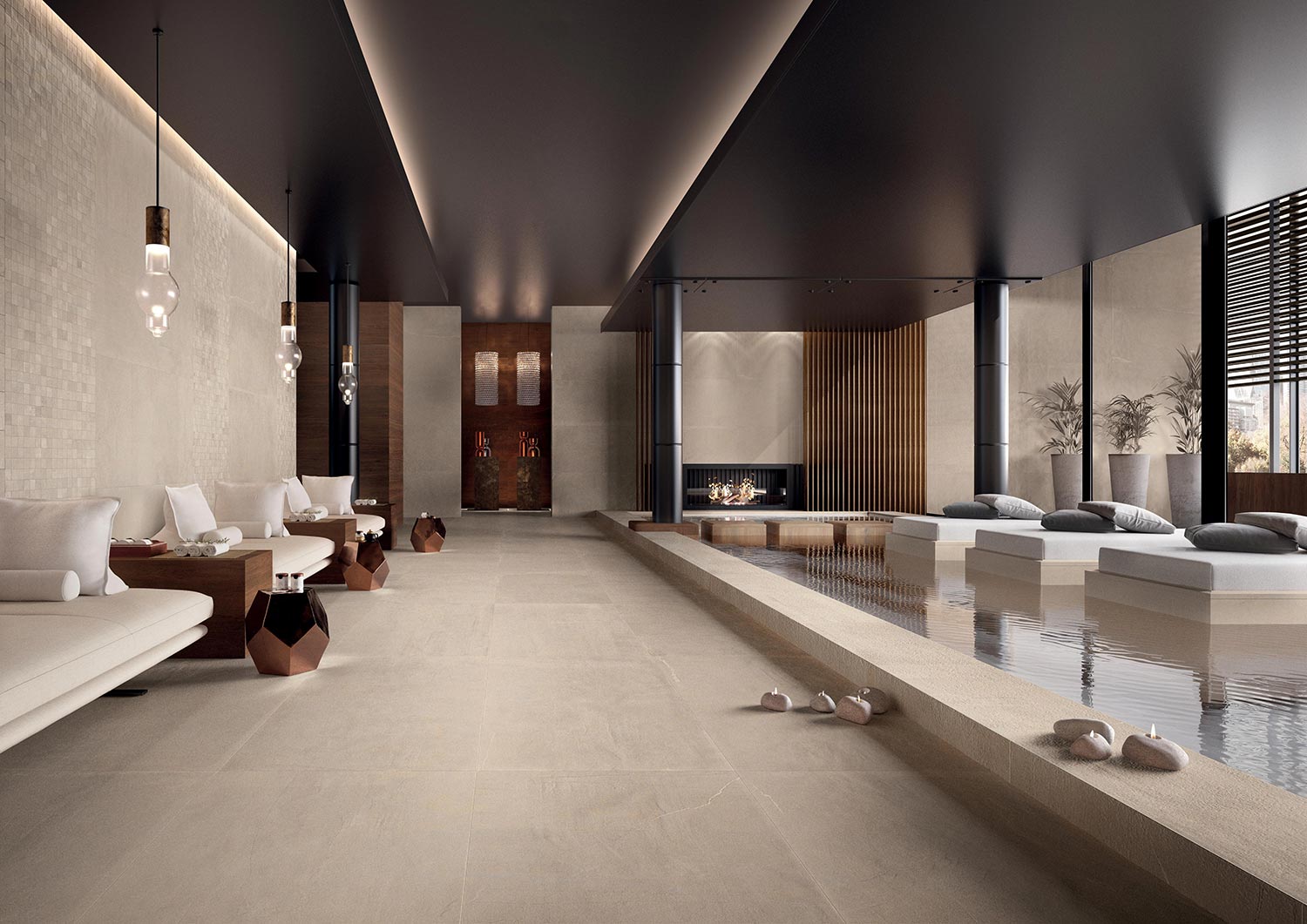 StoneOne Ivory porcelain pavers featured in spa interior