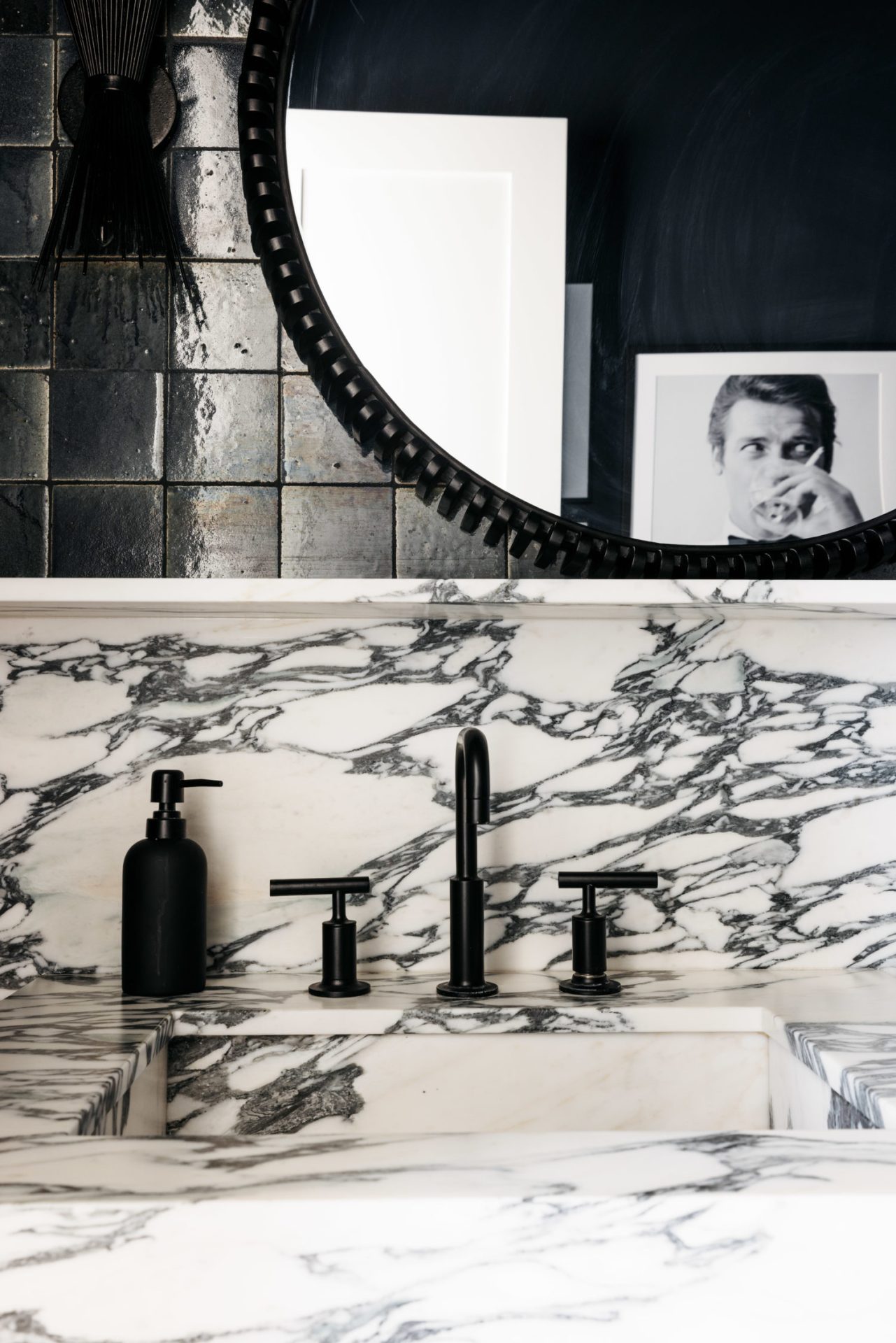 Arabescato Corchia Marble in bathroom with backsplash and countertop
