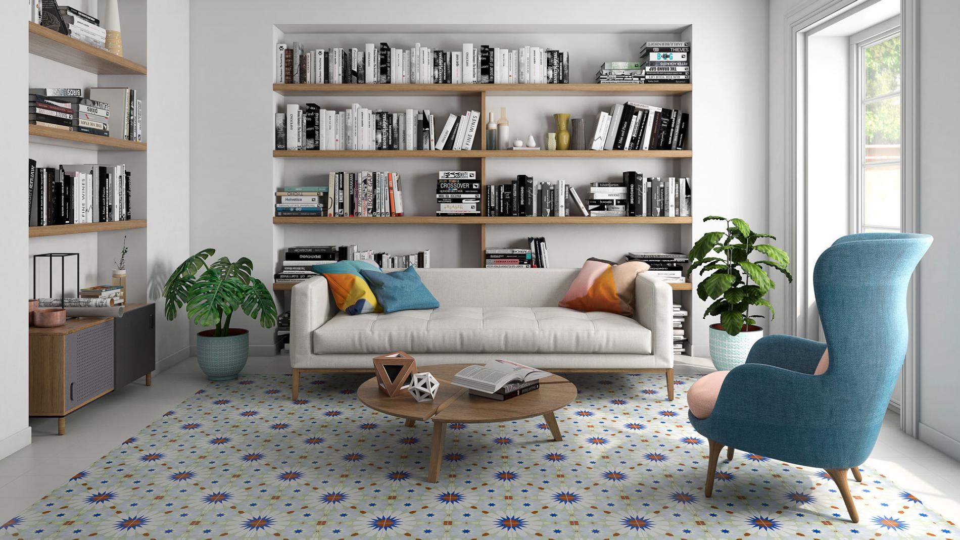 Art Cassatt tiles featured on living room floor