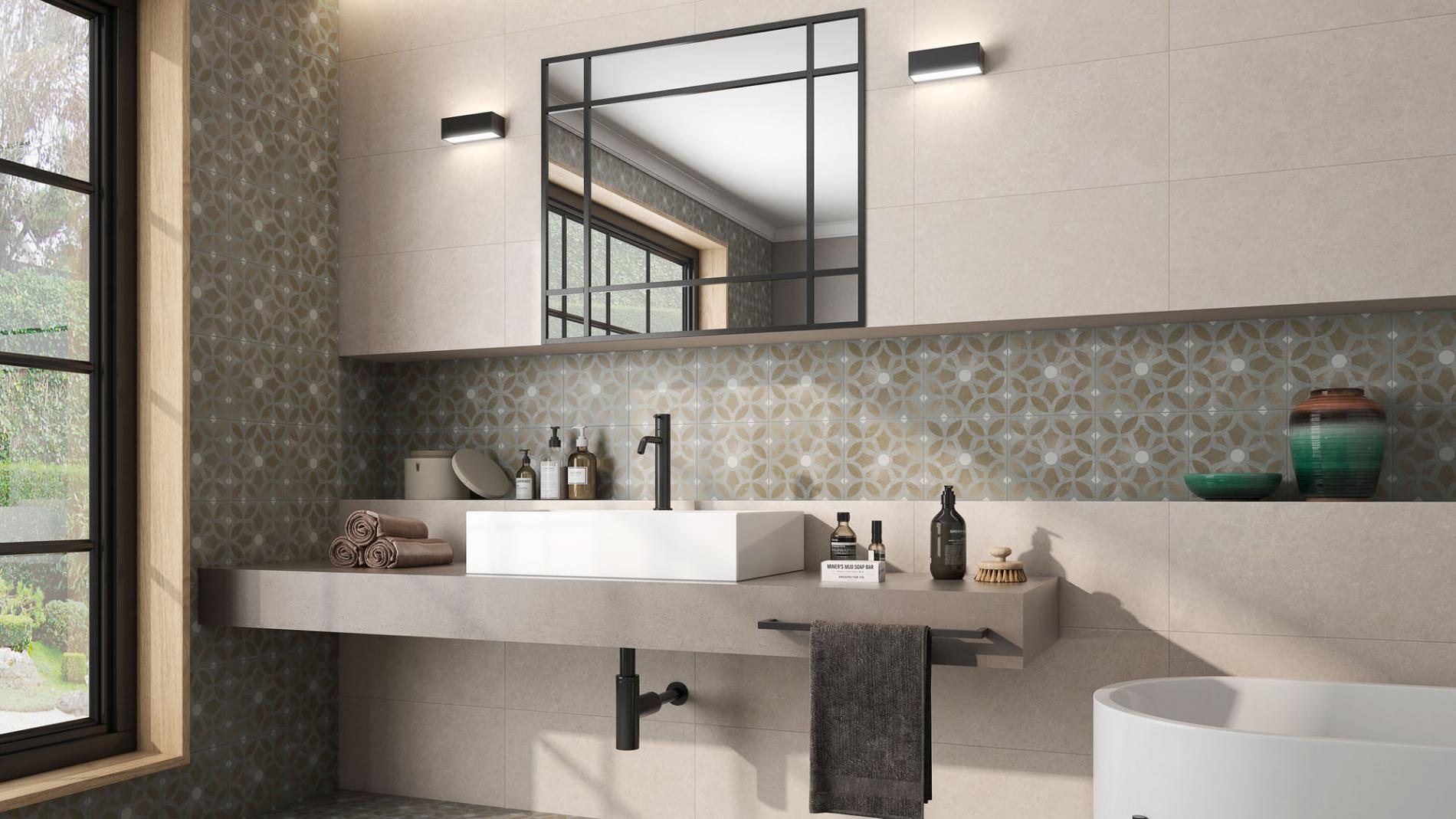 Cezzane tiles installed on bathroom backsplash